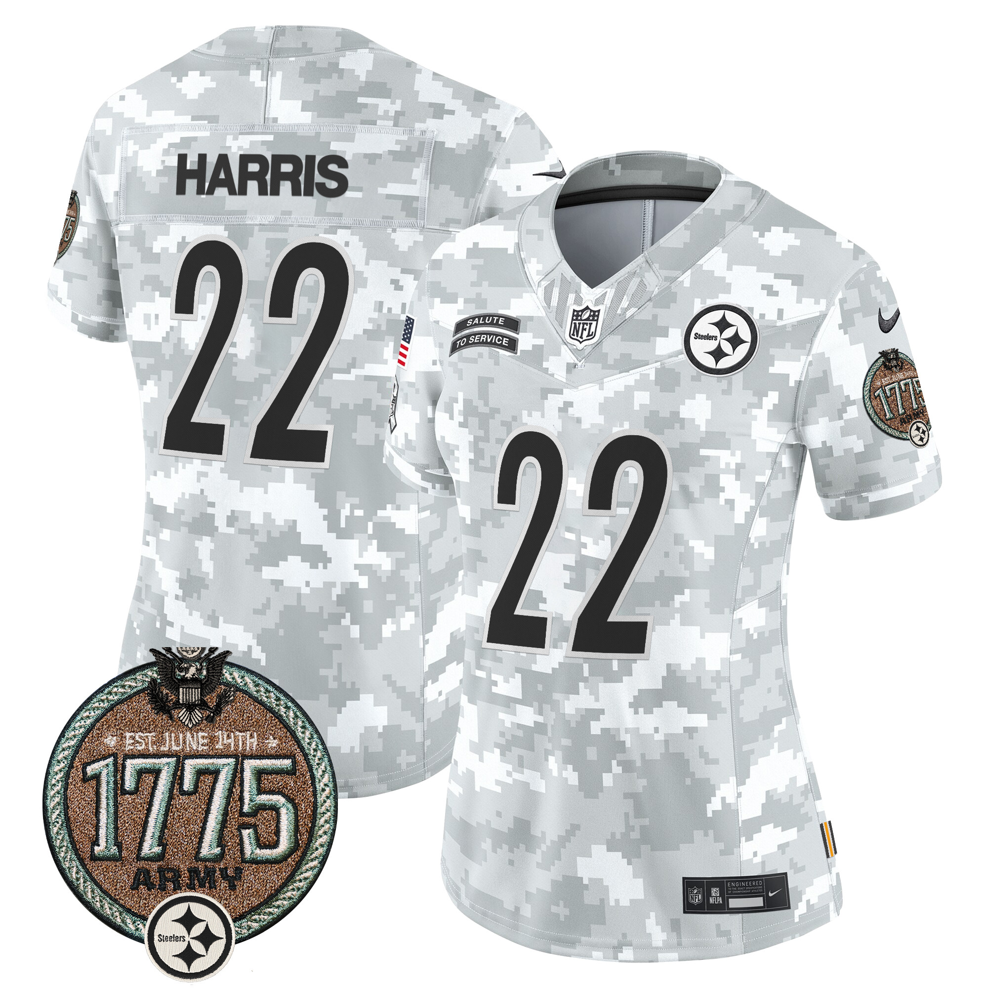Najee Harris Women's Pittsburgh Steelers 2024 Salute to Service Establishment Year Patch Vapor Limited Army Jersey - All Stitched