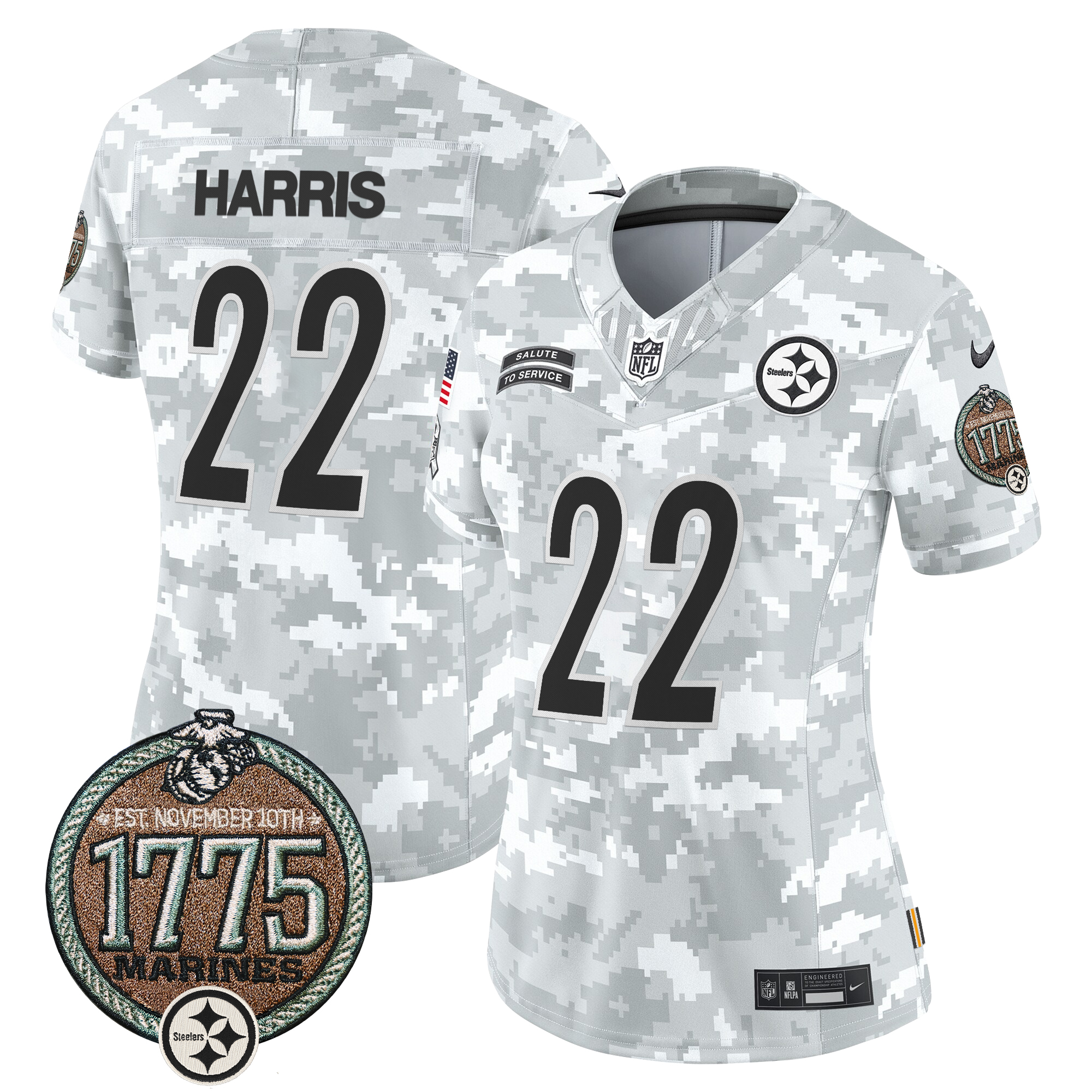 Najee Harris Women's Pittsburgh Steelers 2024 Salute to Service Establishment Year Patch Vapor Limited Marines Jersey - All Stitched