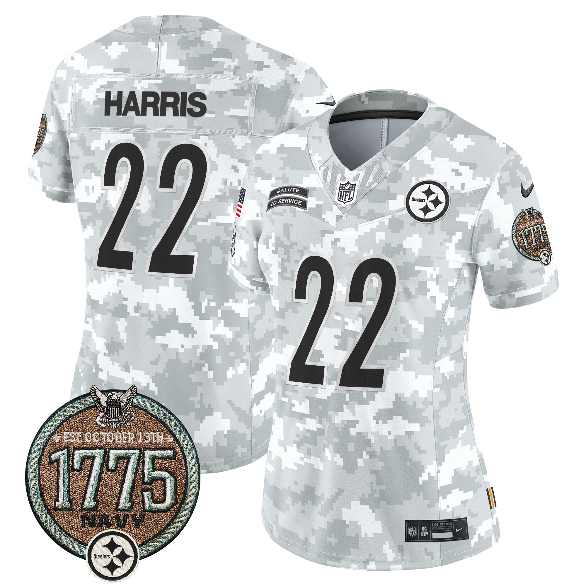 Najee Harris Women's Pittsburgh Steelers 2024 Salute to Service Establishment Year Patch Vapor Limited Navy Jersey - All Stitched