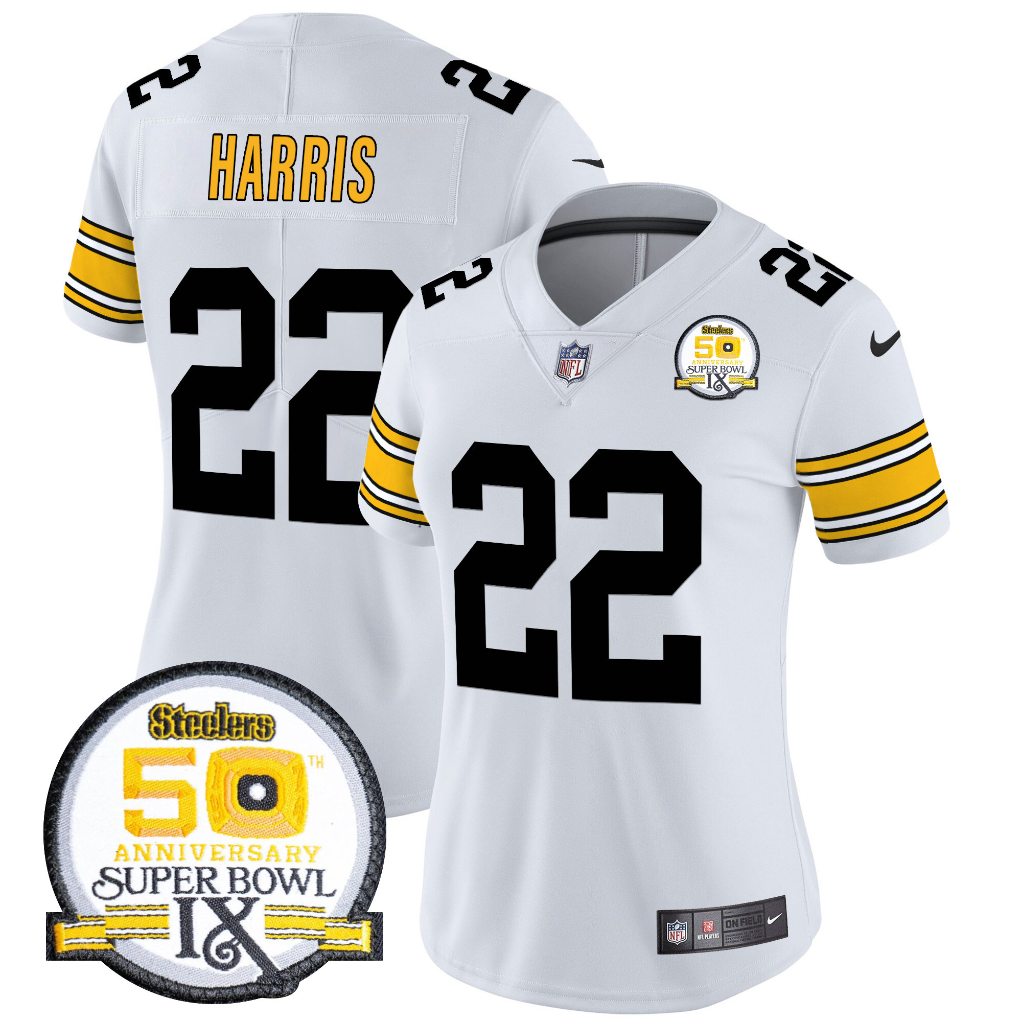 Najee Harris Women's Pittsburgh Steelers 50th Anniversary Of Super Bowl IX Patch Vapor Limited 1975 White Jersey - All Stitched