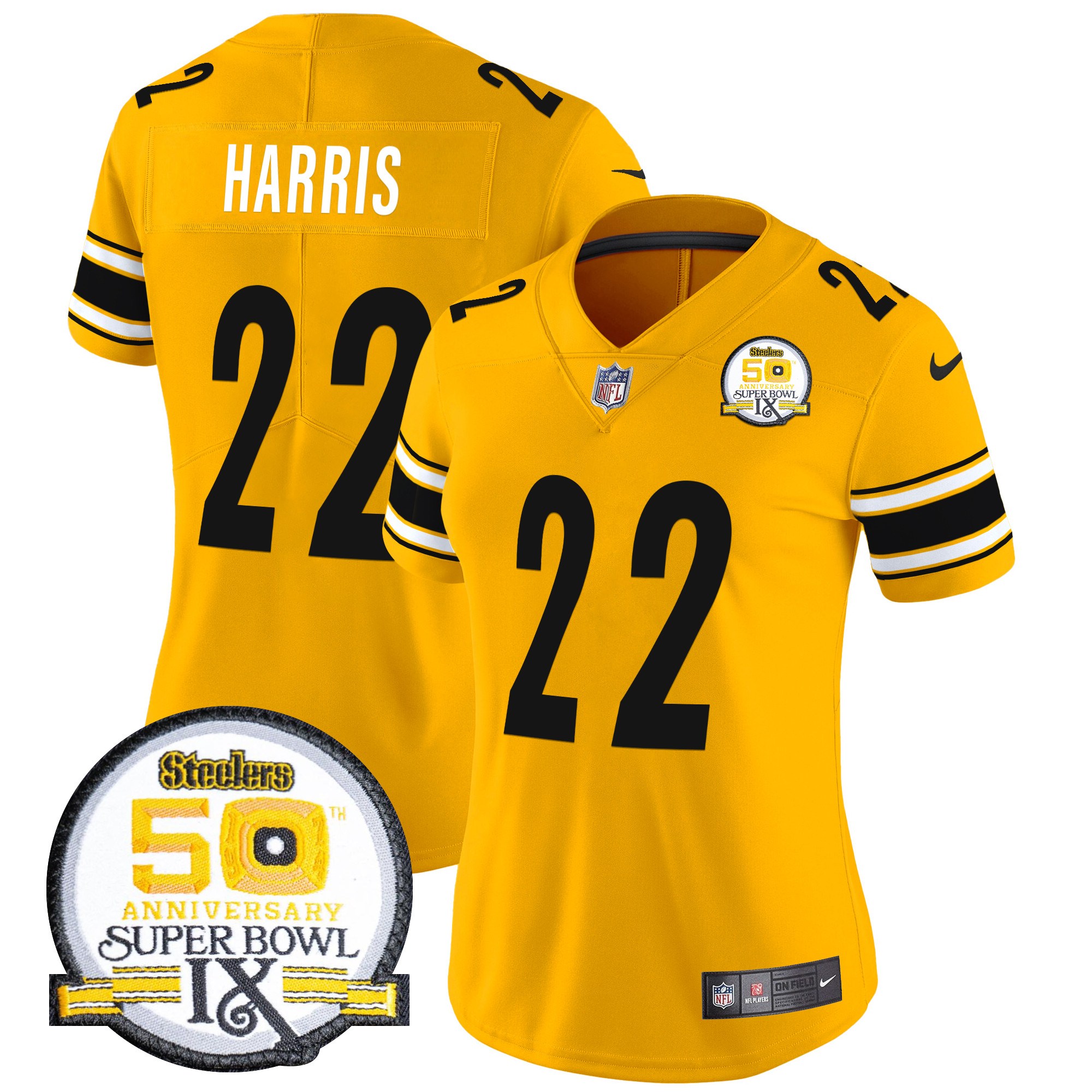 Najee Harris Women's Pittsburgh Steelers 50th Anniversary Of Super Bowl IX Patch Vapor Limited Gold Jersey - All Stitched