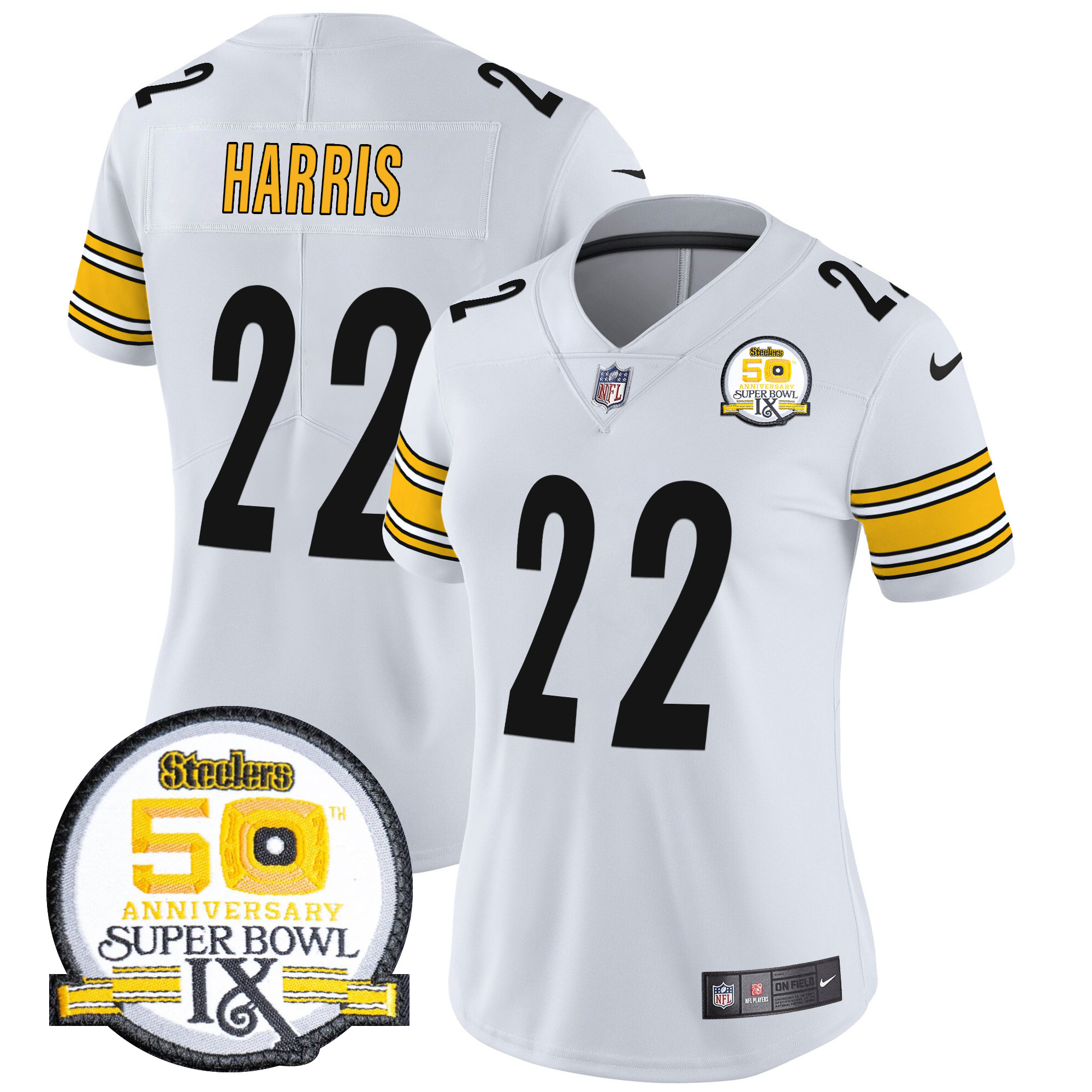 Najee Harris Women's Pittsburgh Steelers 50th Anniversary Of Super Bowl IX Patch Vapor Limited White Jersey - All Stitched