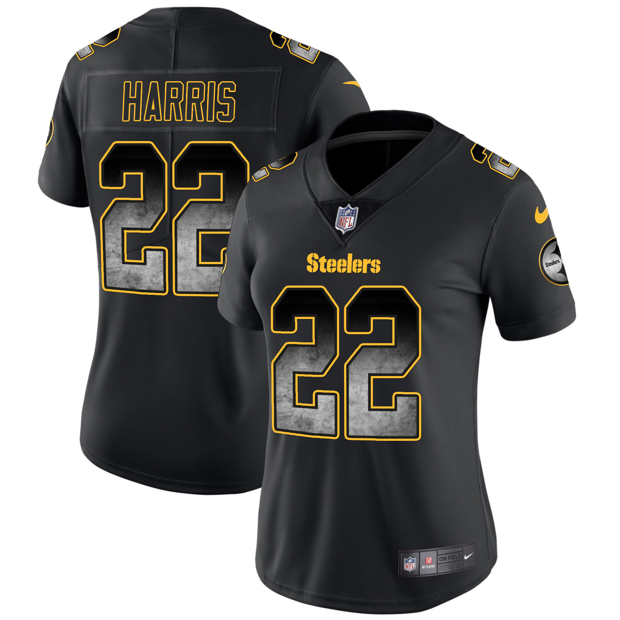Najee Harris Women's Pittsburgh Steelers Arch Smoke Vapor Black Jersey - All Stitched