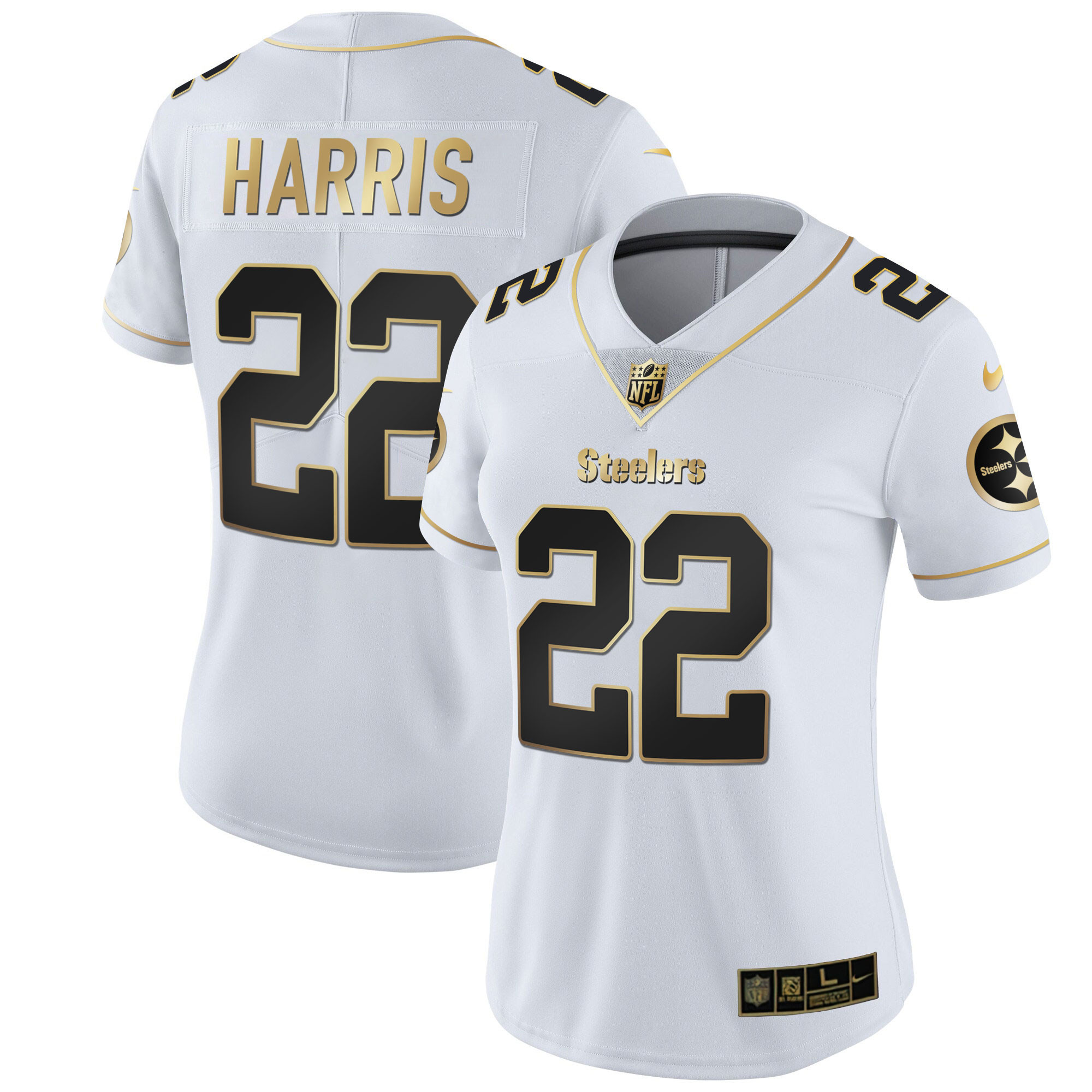 Najee Harris Women's Pittsburgh Steelers White Gold & Black Gold - All Stitched White Gold Jersey - All Stitched