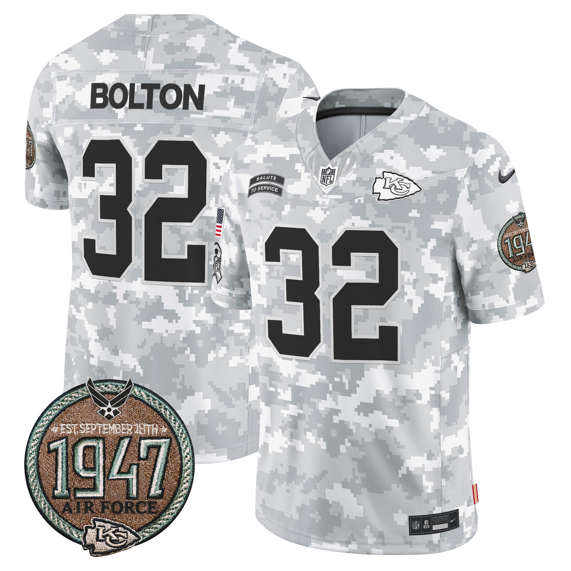 Nick Bolton Men's Kansas City Chiefs 2024 Salute to Service Establishment Year Patch Vapor Limited Air Force Jersey - All Stitched