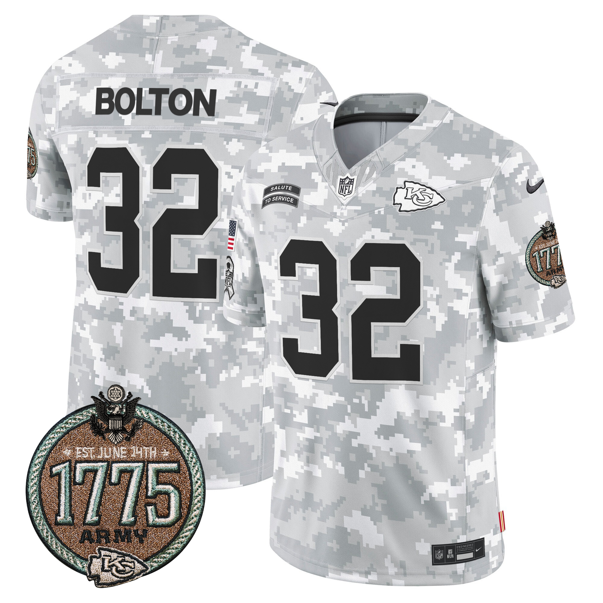 Nick Bolton Men's Kansas City Chiefs 2024 Salute to Service Establishment Year Patch Vapor Limited Army Jersey - All Stitched