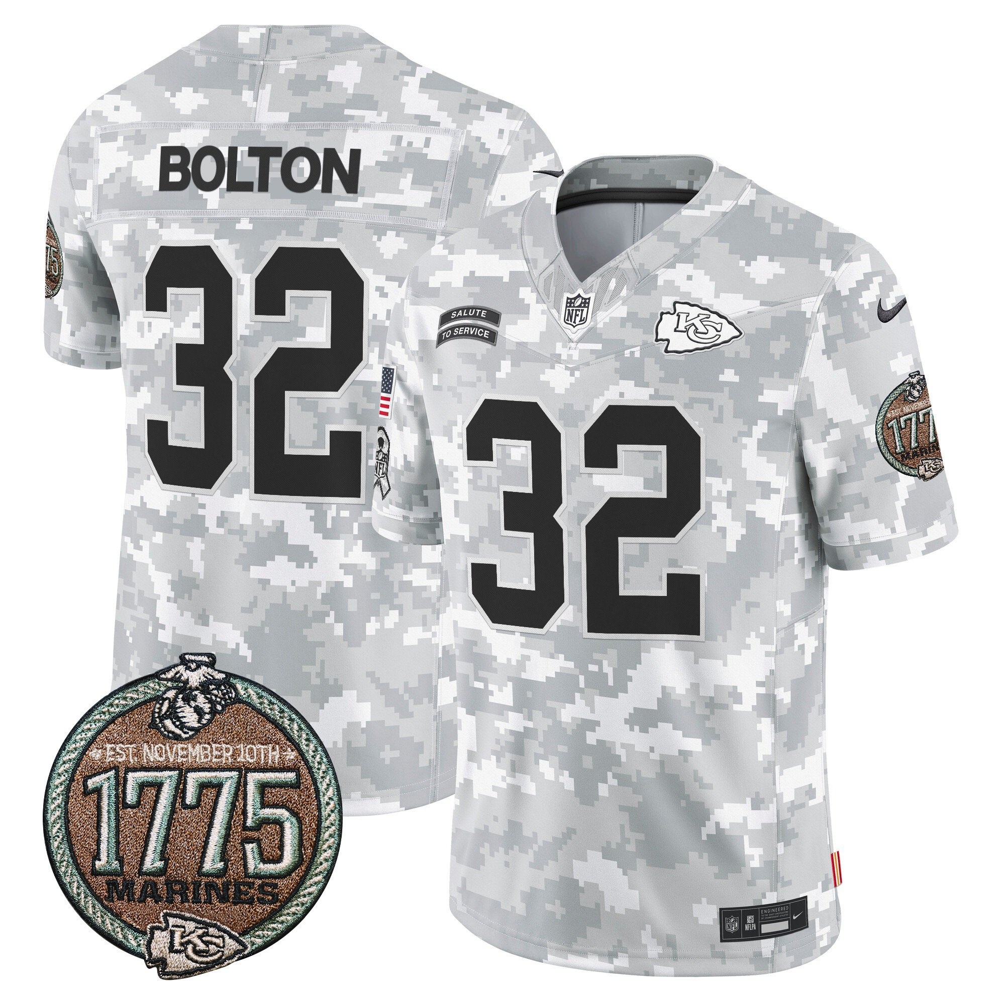 Nick Bolton Men's Kansas City Chiefs 2024 Salute to Service Establishment Year Patch Vapor Limited Marines Jersey - All Stitched