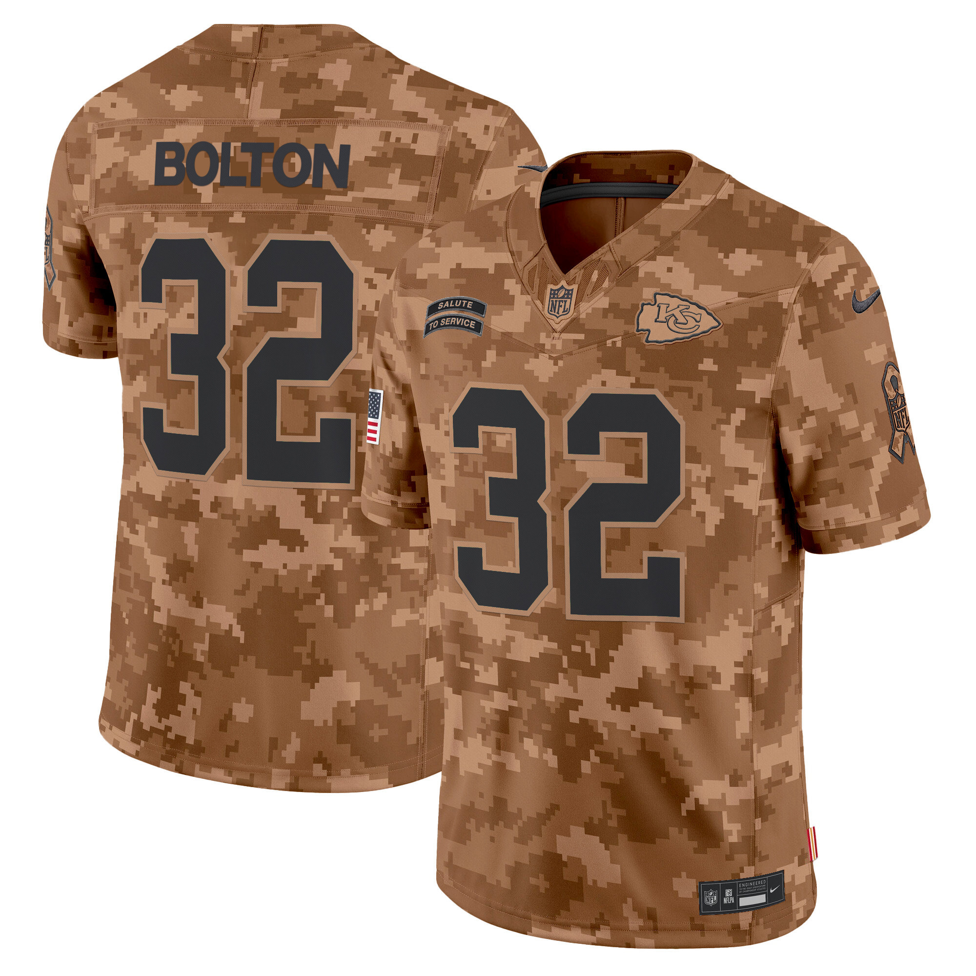 Nick Bolton Men's Kansas City Chiefs 2024 Salute to Service Vapor Limited Brown Camo Jersey - All Stitched