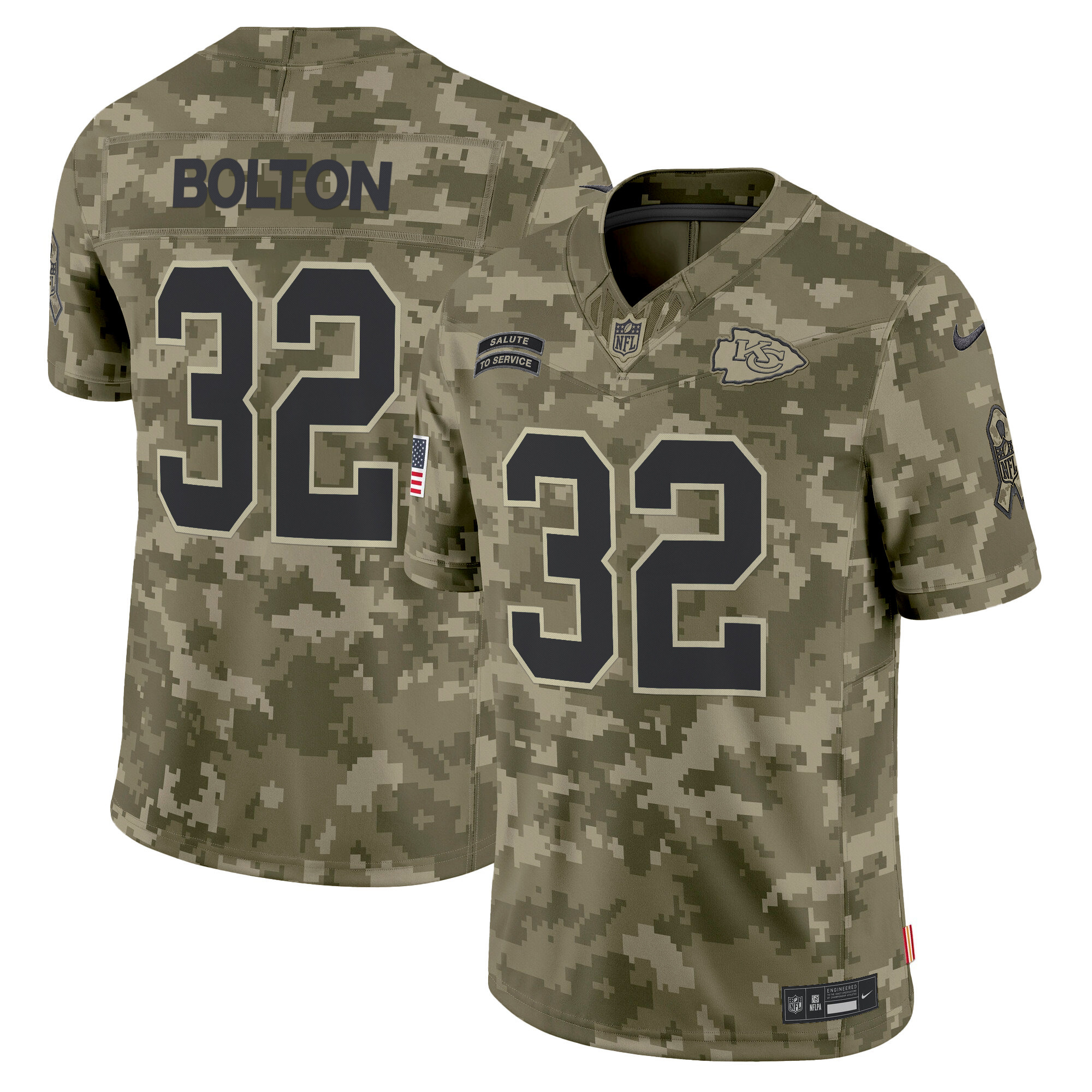 Nick Bolton Men's Kansas City Chiefs 2024 Salute to Service Vapor Limited Olive Camo Jersey - All Stitched