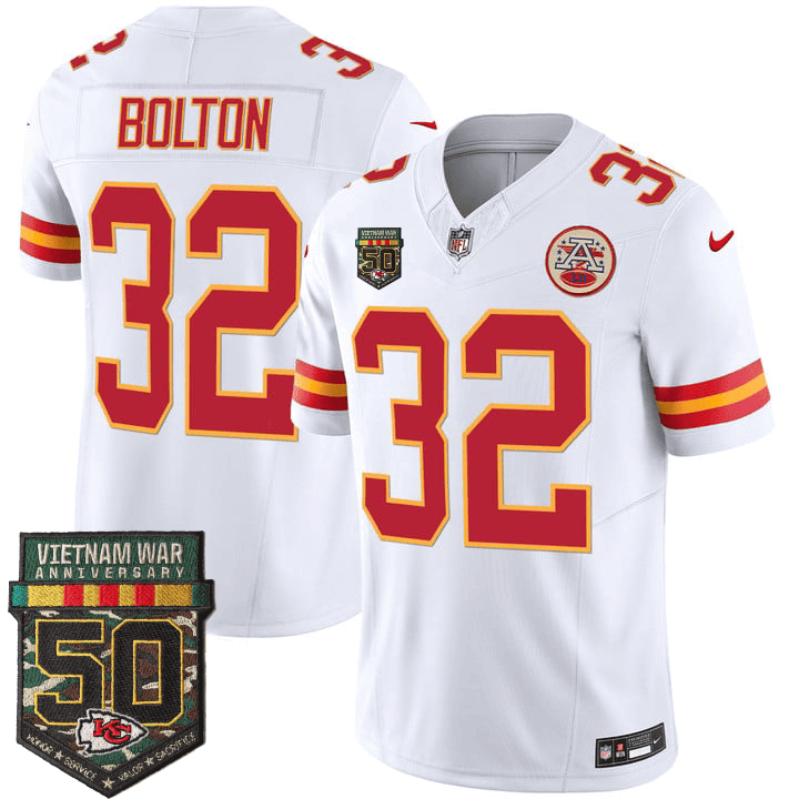 Nick Bolton Men's Kansas City Chiefs 50th Vietnam War Anniversary Patch Vapor Limited White Jersey - All Stitched