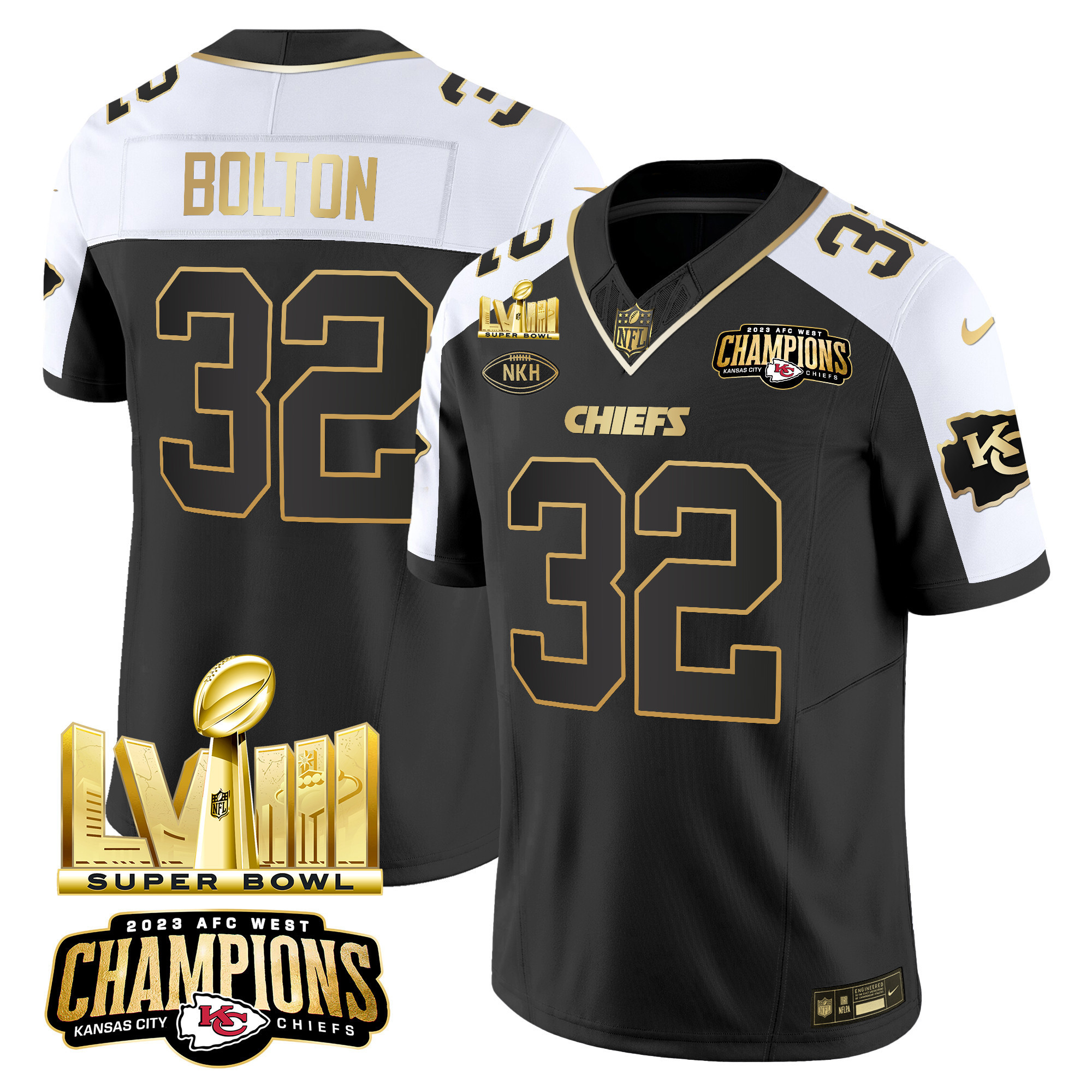 Nick Bolton Men's Kansas City Chiefs AFC West Champions & Super Bowl LVIII Gold Patch Vapor Alternate Jersey - All Stitched