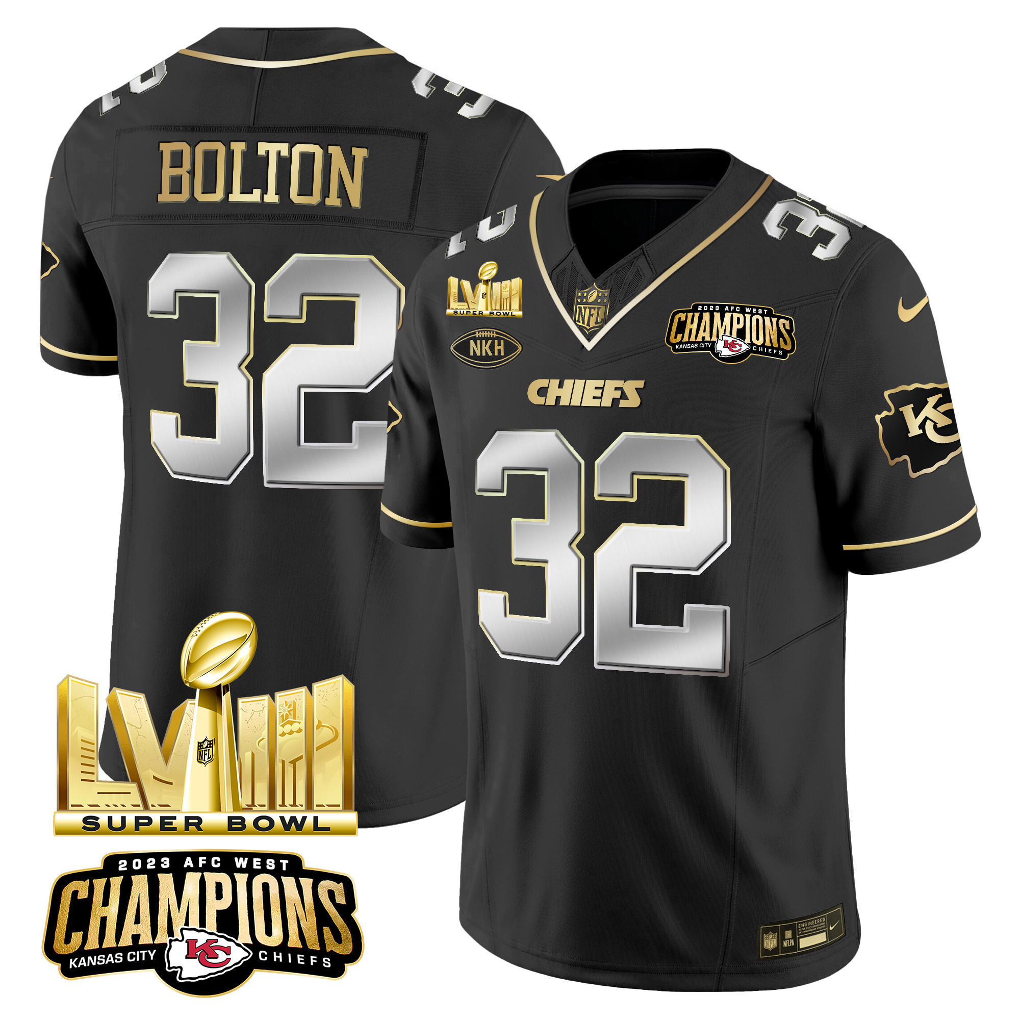 Nick Bolton Men's Kansas City Chiefs AFC West Champions & Super Bowl LVIII Gold Patch Vapor Black Limited Jersey - All Stitched
