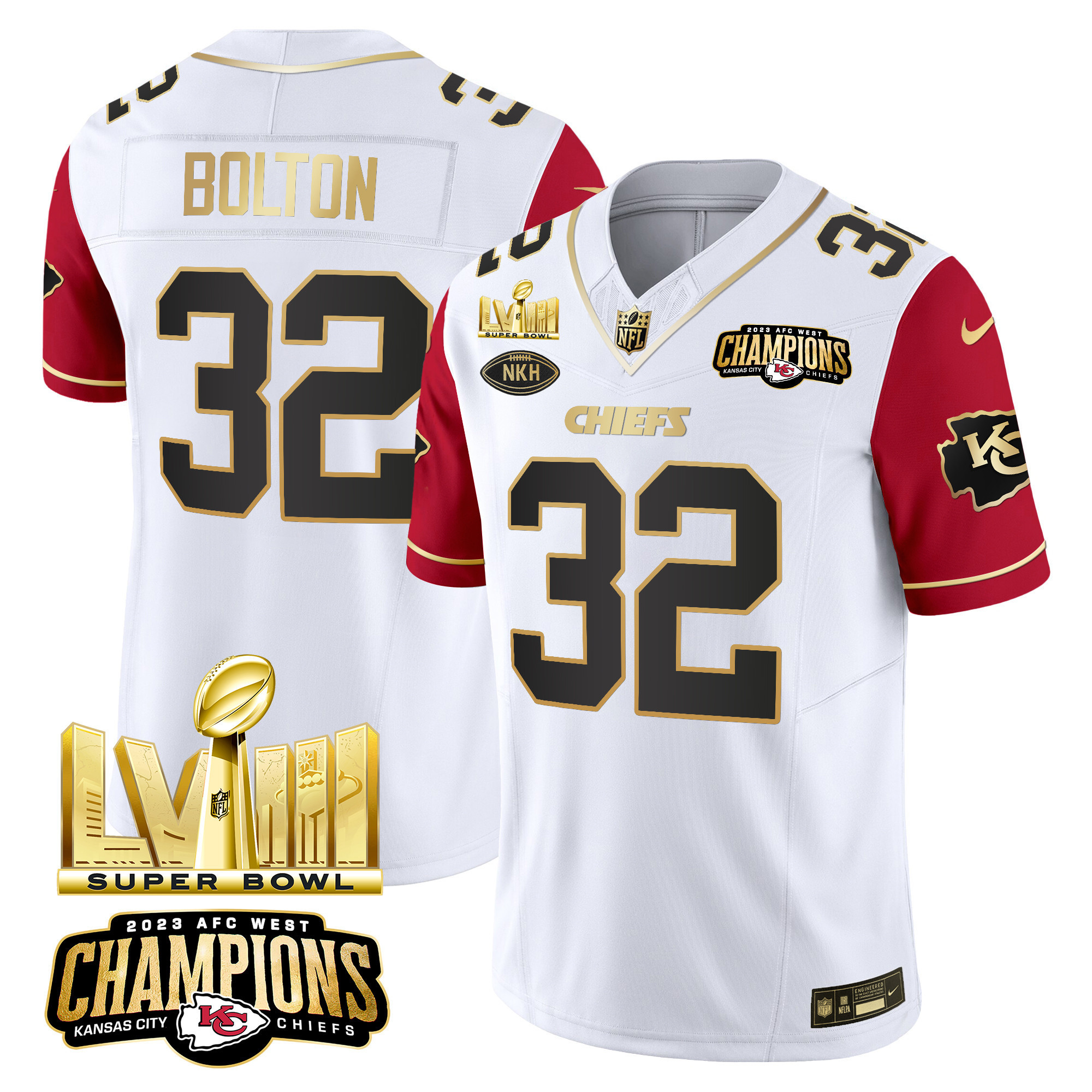 Nick Bolton Men's Kansas City Chiefs AFC West Champions & Super Bowl LVIII Gold Patch Vapor Color Sleeves Jersey - All Stitched