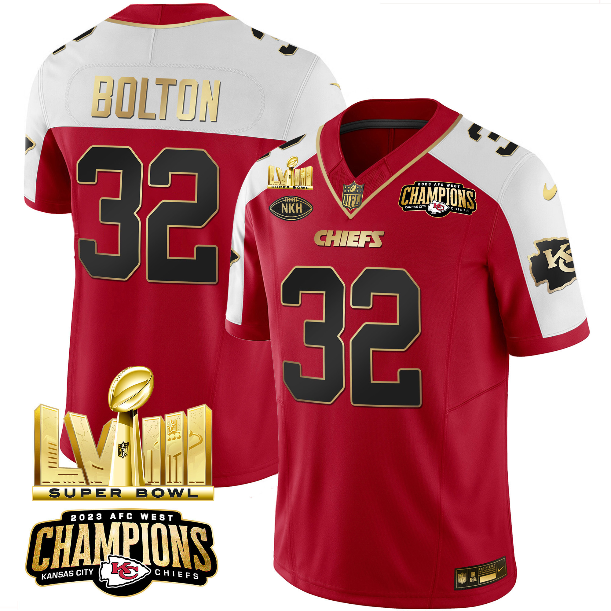 Nick Bolton Men's Kansas City Chiefs AFC West Champions & Super Bowl LVIII Gold Patch Vapor Red Alternate Jersey - All Stitched
