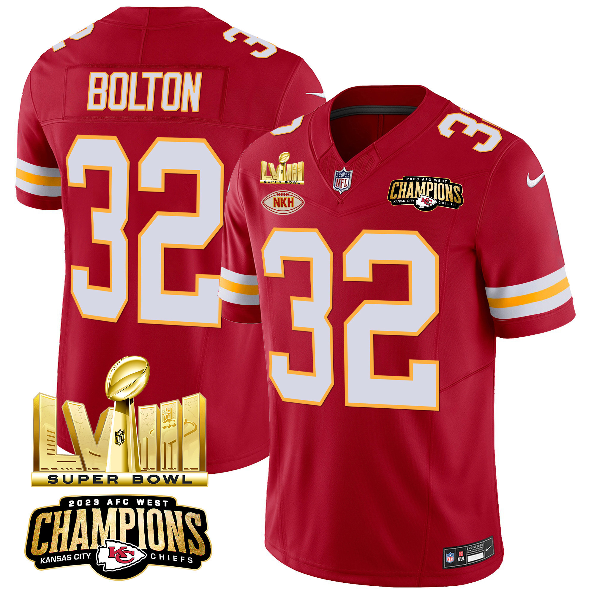 Nick Bolton Men's Kansas City Chiefs AFC West Champions & Super Bowl LVIII Gold Patch Vapor Red Jersey - All Stitched