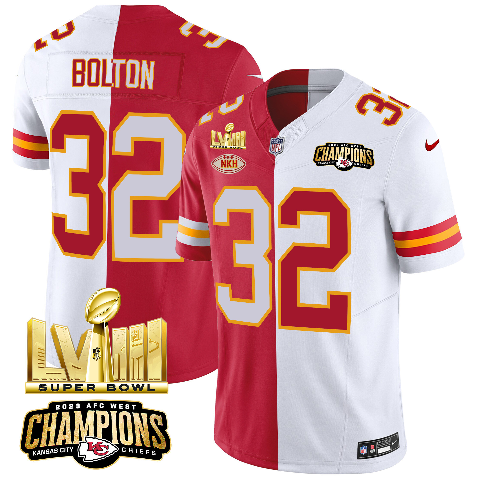 Nick Bolton Men's Kansas City Chiefs AFC West Champions & Super Bowl LVIII Gold Patch Vapor Split Jersey - All Stitched
