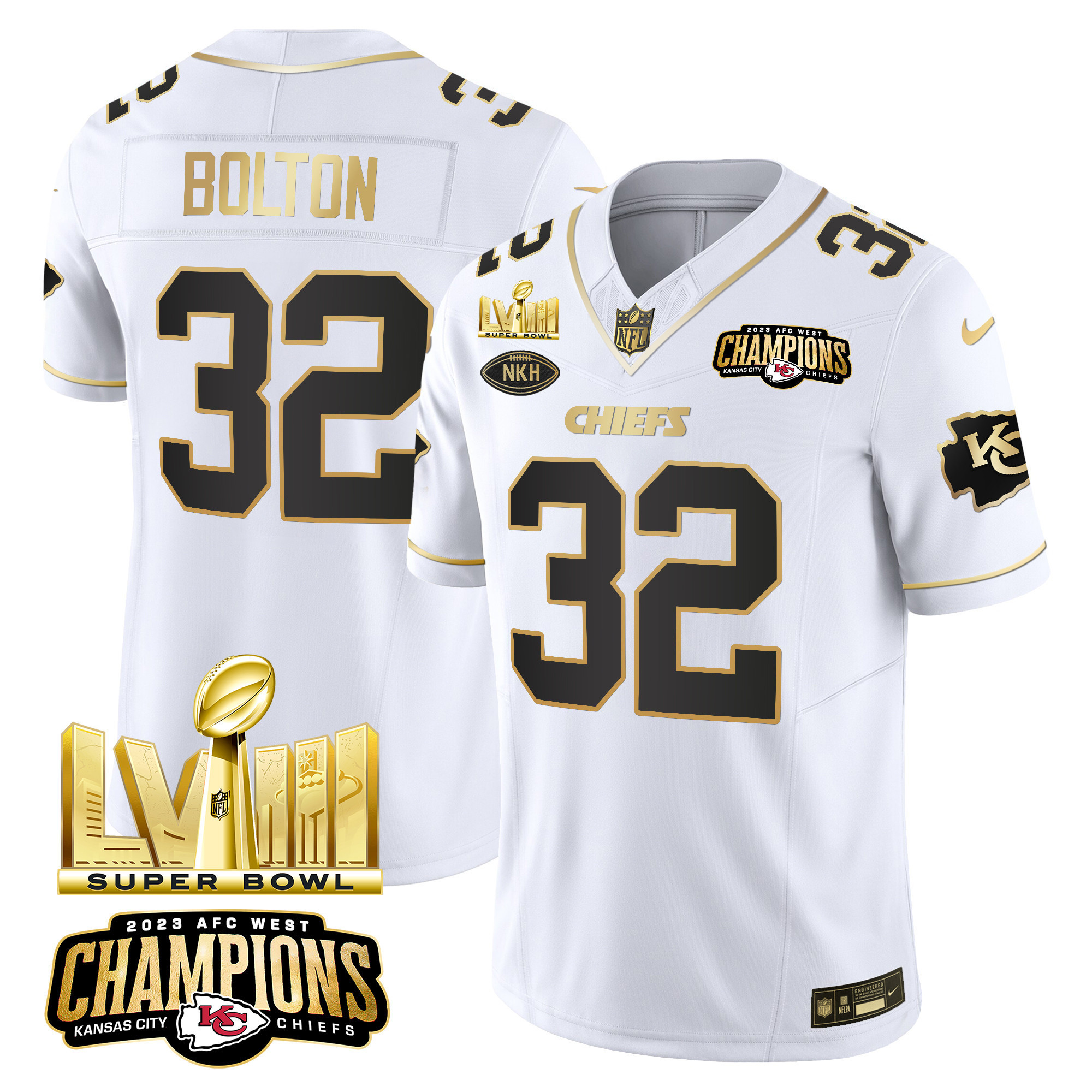 Nick Bolton Men's Kansas City Chiefs AFC West Champions & Super Bowl LVIII Gold Patch Vapor White Gold Jersey - All Stitched