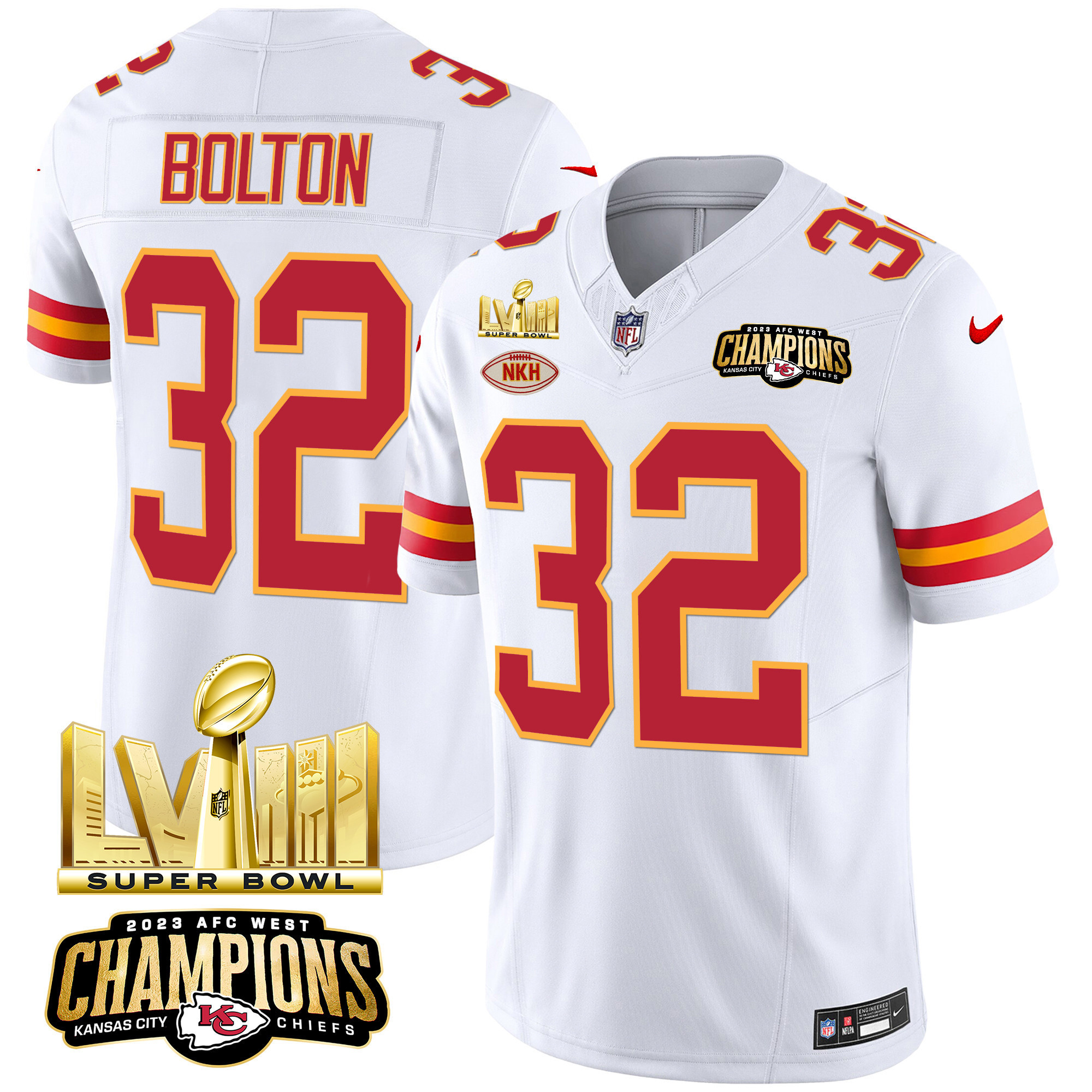 Nick Bolton Men's Kansas City Chiefs AFC West Champions & Super Bowl LVIII Gold Patch Vapor White Jersey - All Stitched