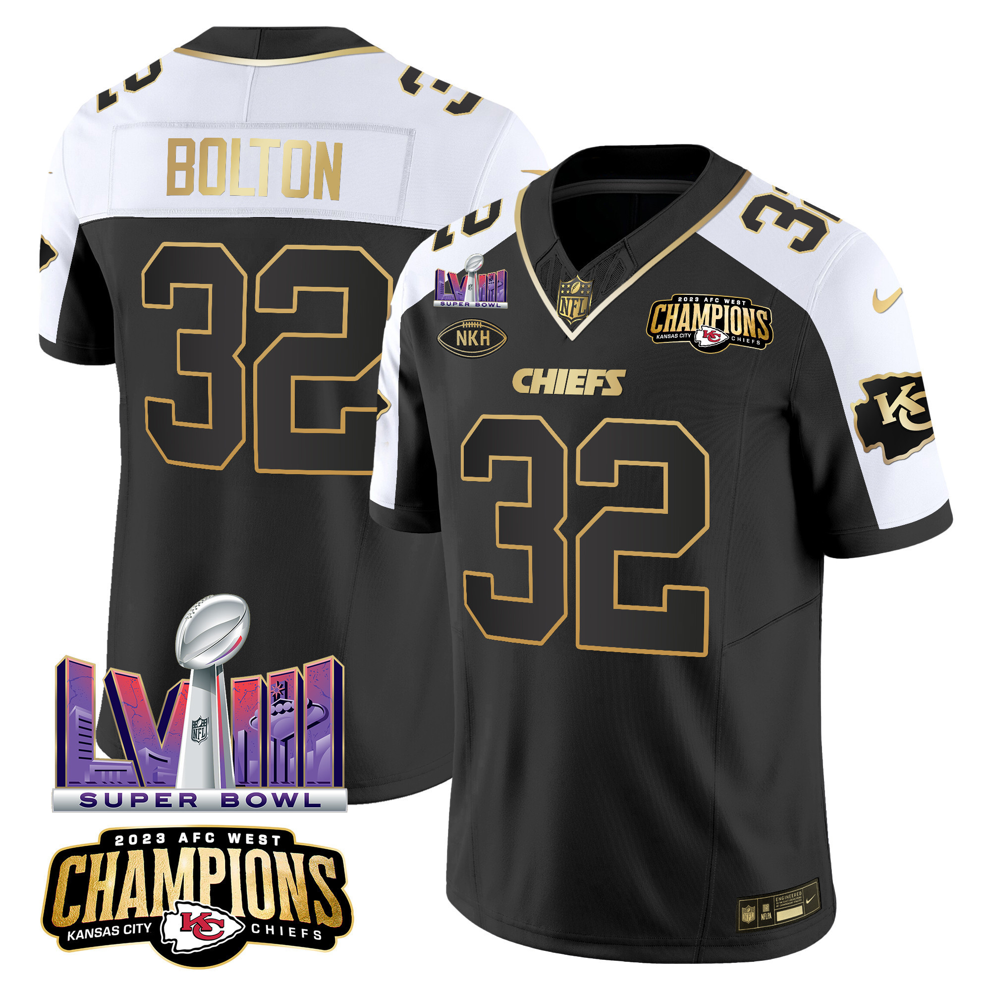 Nick Bolton Men's Kansas City Chiefs AFC West Champions & Super Bowl LVIII Patch Vapor Alternate Jersey - All Stitched