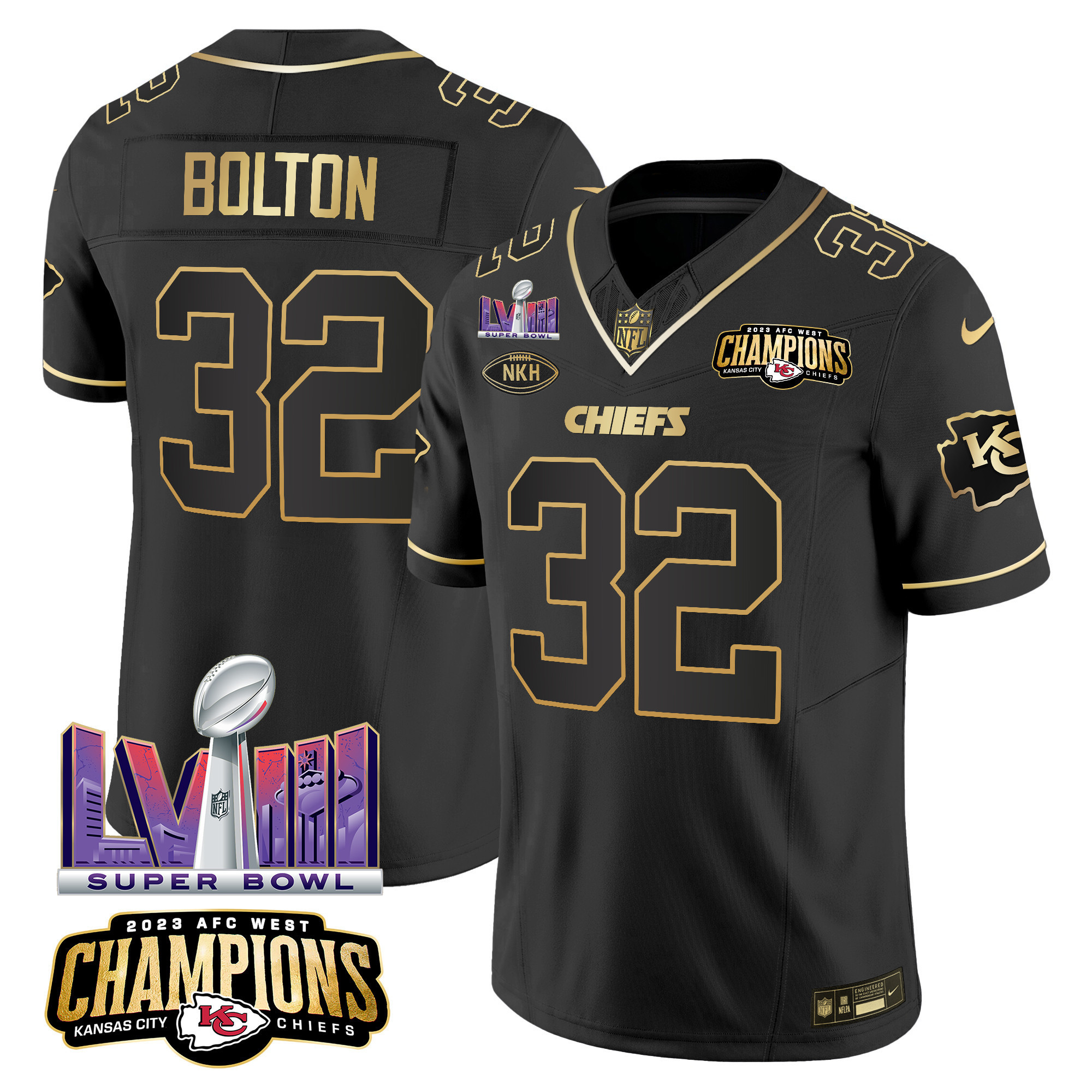 Nick Bolton Men's Kansas City Chiefs AFC West Champions & Super Bowl LVIII Patch Vapor Black Gold Jersey - All Stitched