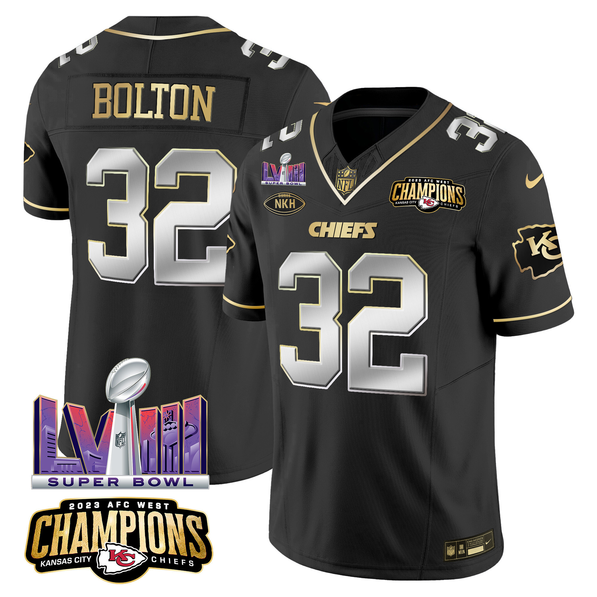 Nick Bolton Men's Kansas City Chiefs AFC West Champions & Super Bowl LVIII Patch Vapor Black Limited Jersey - All Stitched