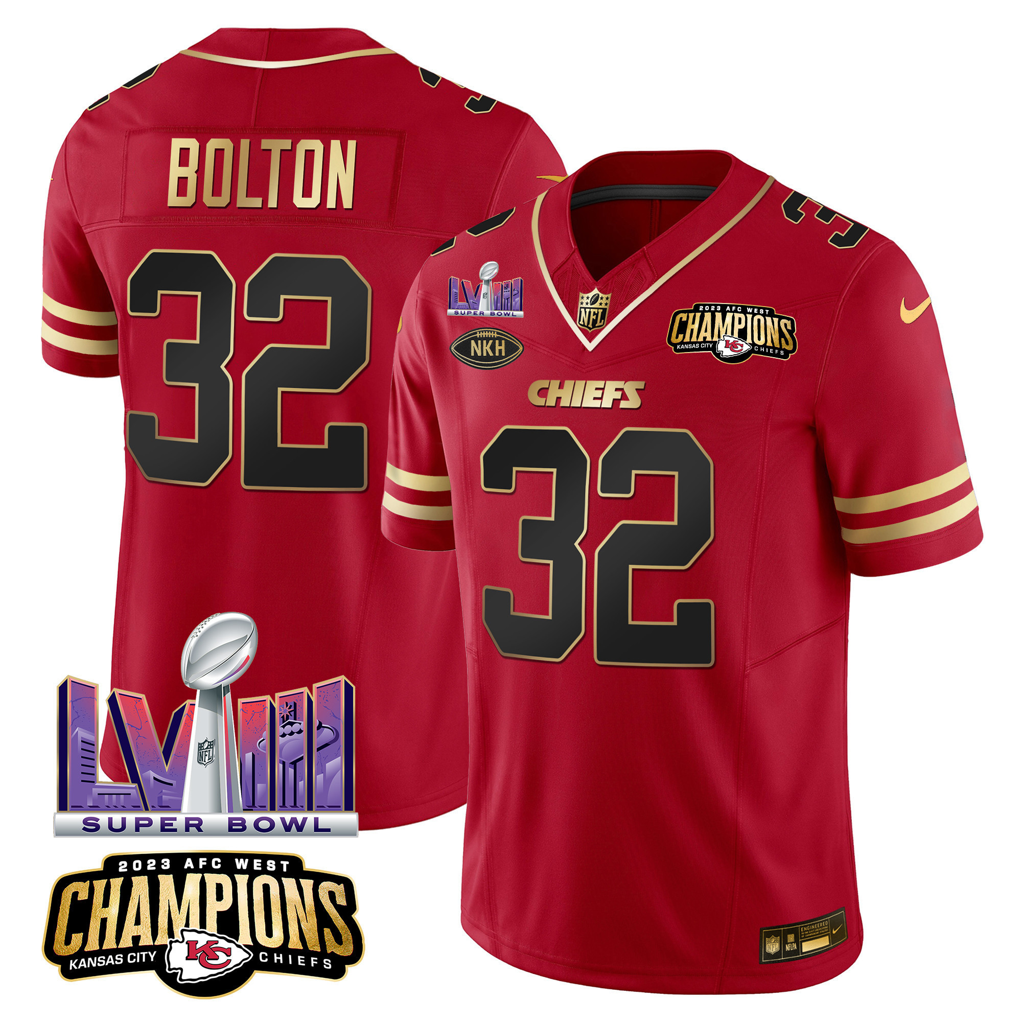 Nick Bolton Men's Kansas City Chiefs AFC West Champions & Super Bowl LVIII Patch Vapor Black Red Jersey - All Stitched