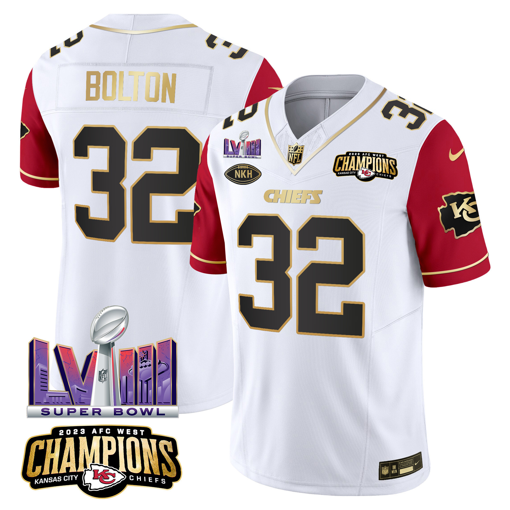 Nick Bolton Men's Kansas City Chiefs AFC West Champions & Super Bowl LVIII Patch Vapor Color Sleeves Jersey - All Stitched