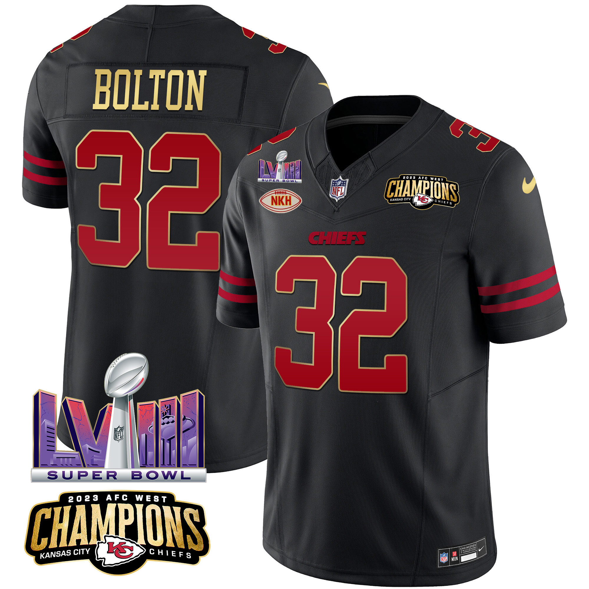 Nick Bolton Men's Kansas City Chiefs AFC West Champions & Super Bowl LVIII Patch Vapor Gold Trim Jersey - All Stitched