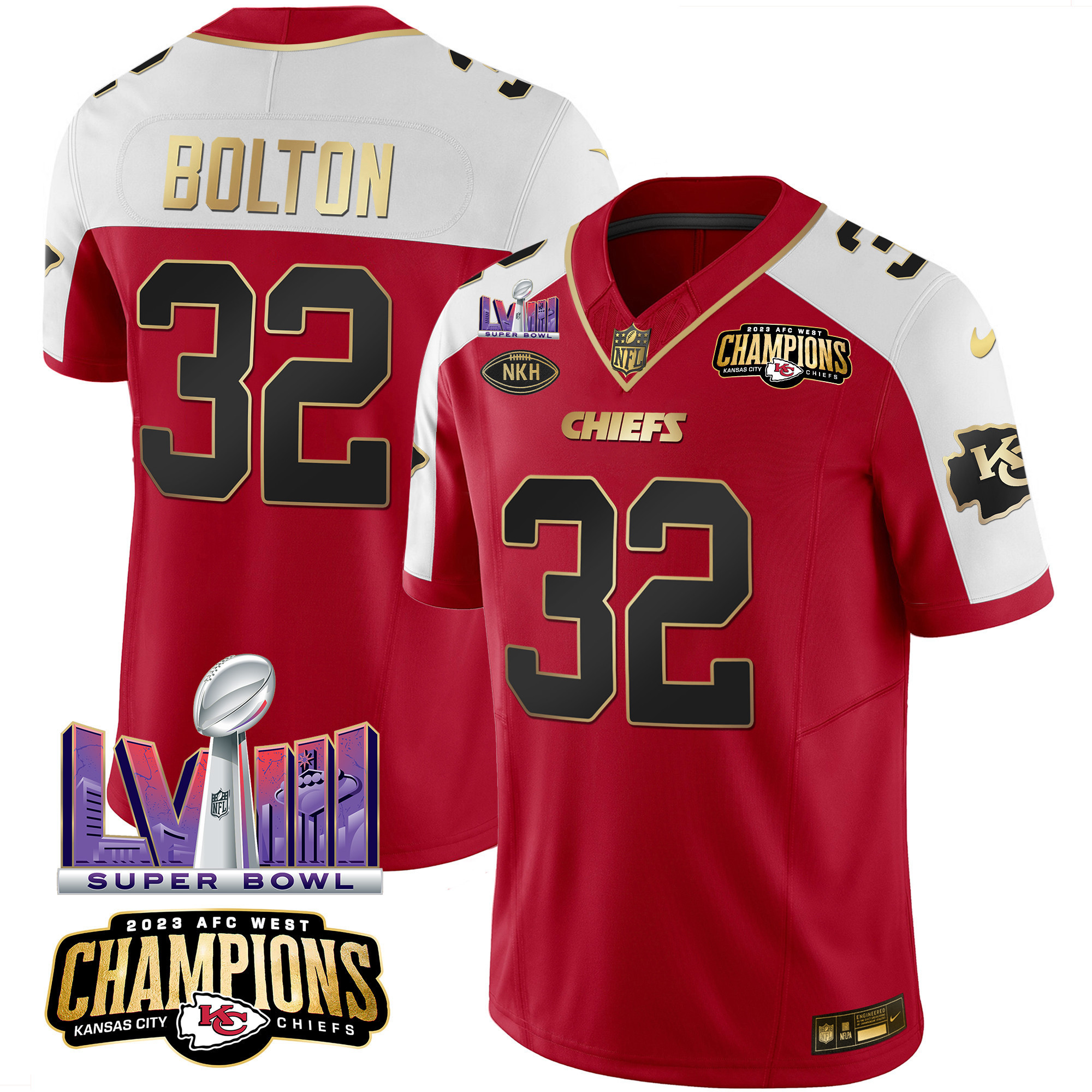 Nick Bolton Men's Kansas City Chiefs AFC West Champions & Super Bowl LVIII Patch Vapor Red Alternate Jersey - All Stitched