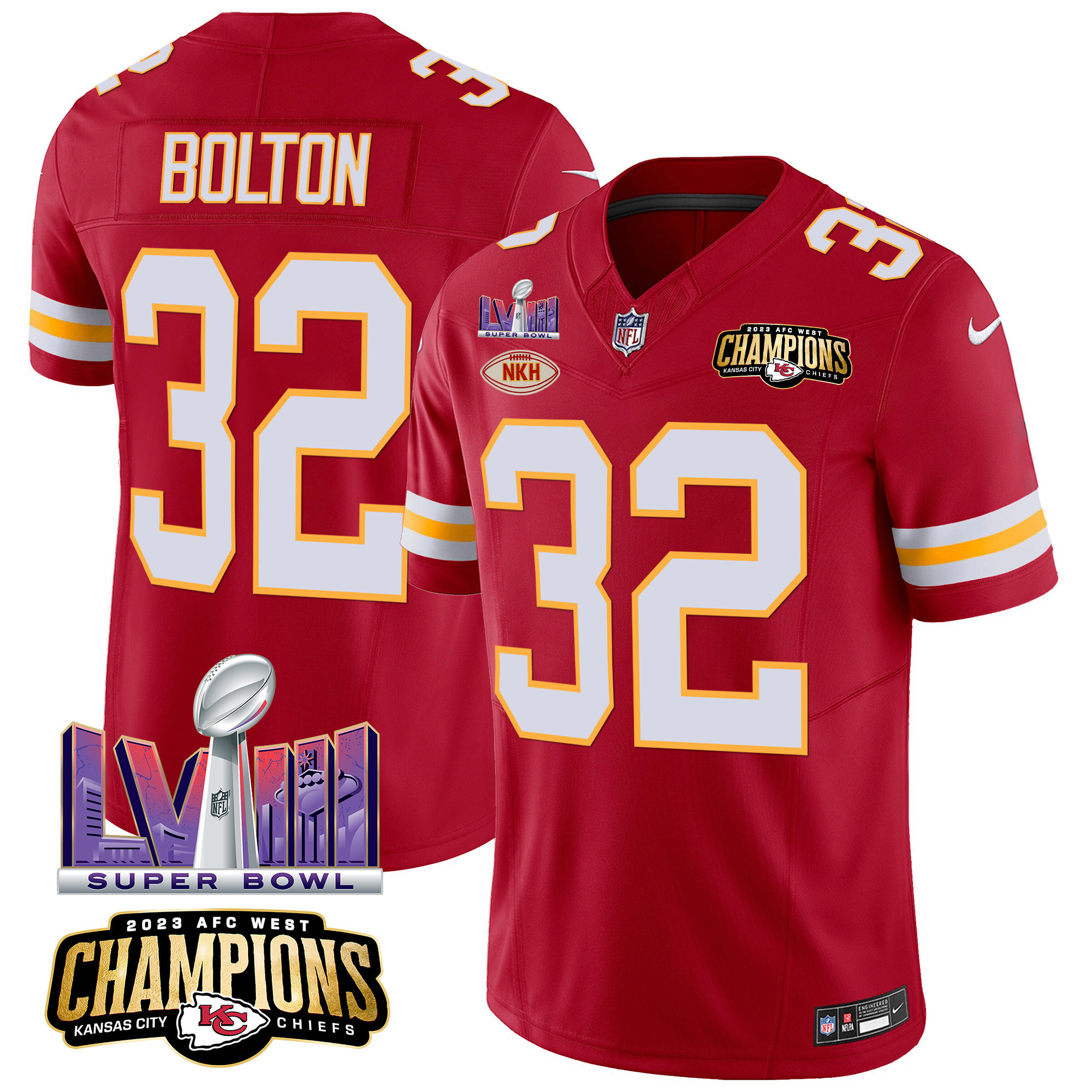 Nick Bolton Men's Kansas City Chiefs AFC West Champions & Super Bowl LVIII Patch Vapor Red Jersey - All Stitched