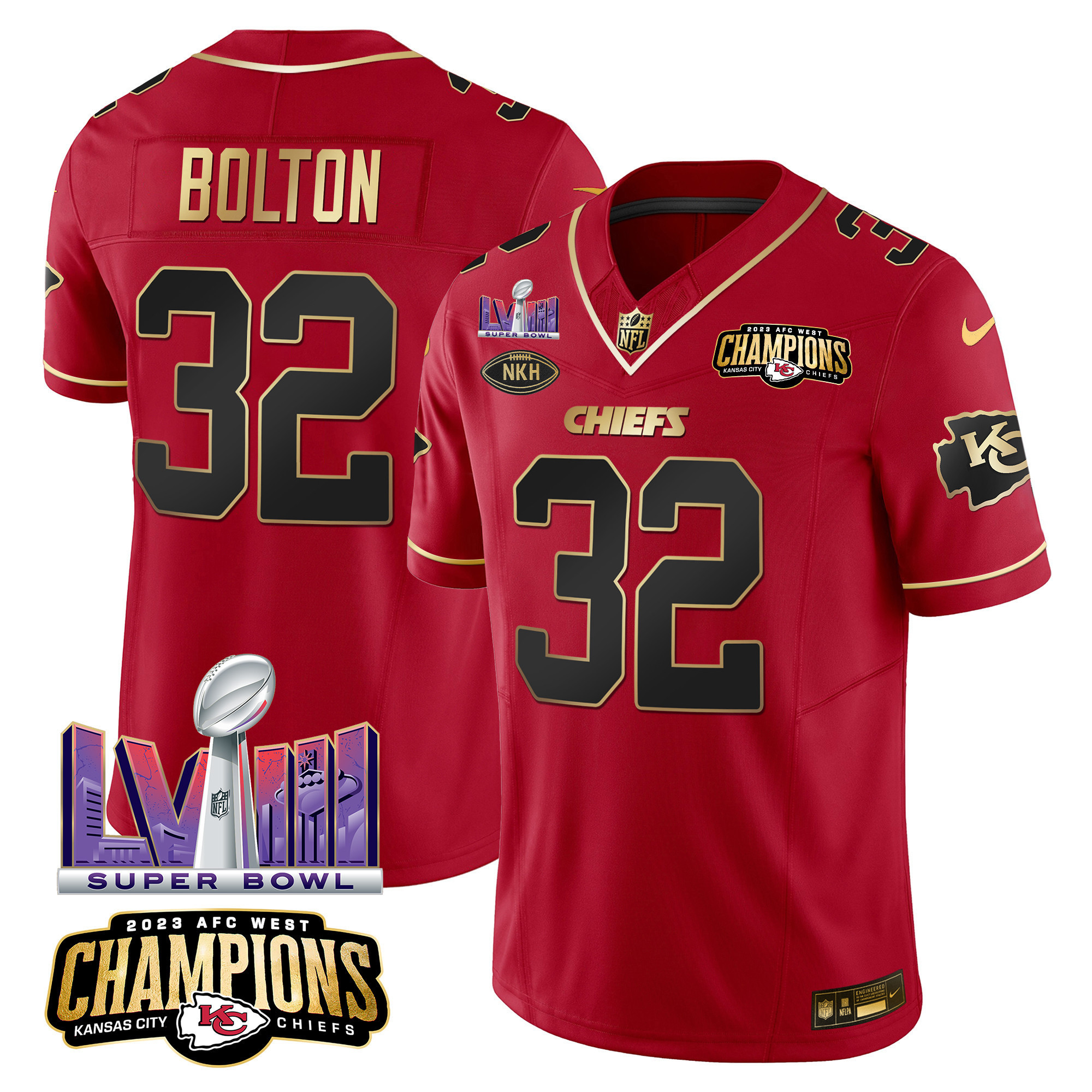 Nick Bolton Men's Kansas City Chiefs AFC West Champions & Super Bowl LVIII Patch Vapor Red Special Jersey - All Stitched