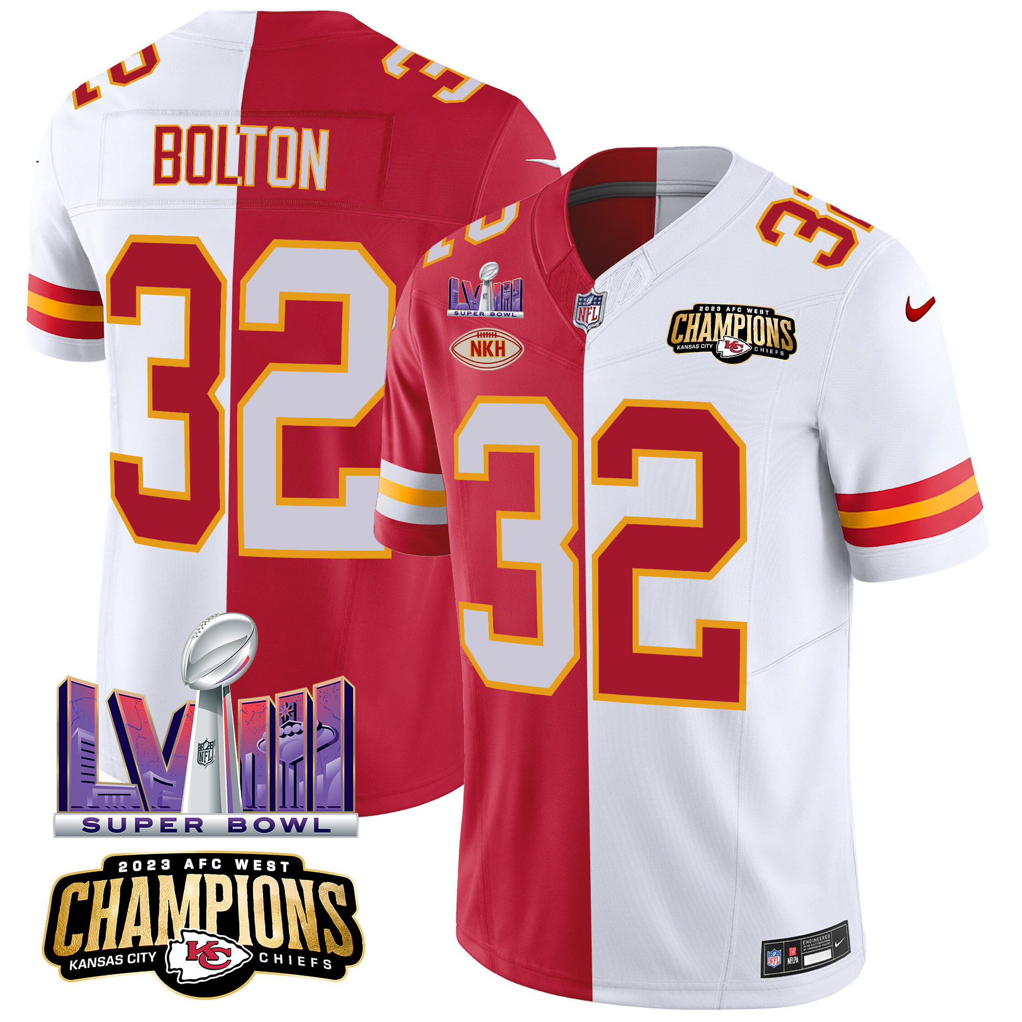 Nick Bolton Men's Kansas City Chiefs AFC West Champions & Super Bowl LVIII Patch Vapor Split Jersey - All Stitched