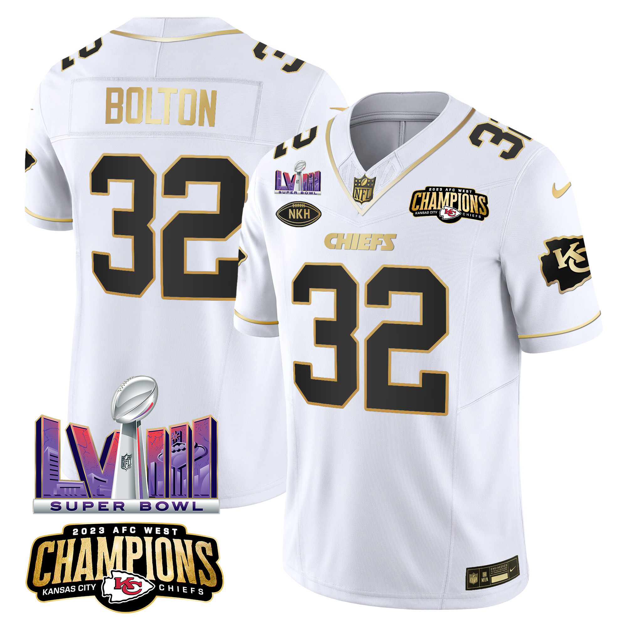 Nick Bolton Men's Kansas City Chiefs AFC West Champions & Super Bowl LVIII Patch Vapor White Gold Jersey - All Stitched