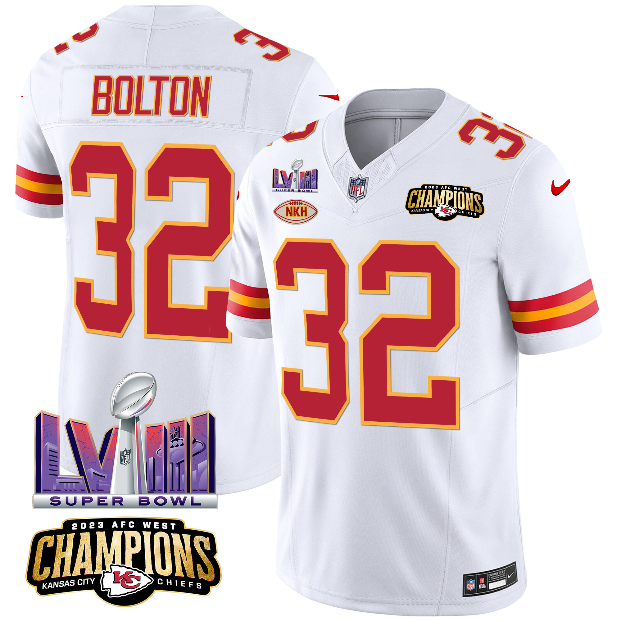 Nick Bolton Men's Kansas City Chiefs AFC West Champions & Super Bowl LVIII Patch Vapor White Jersey - All Stitched
