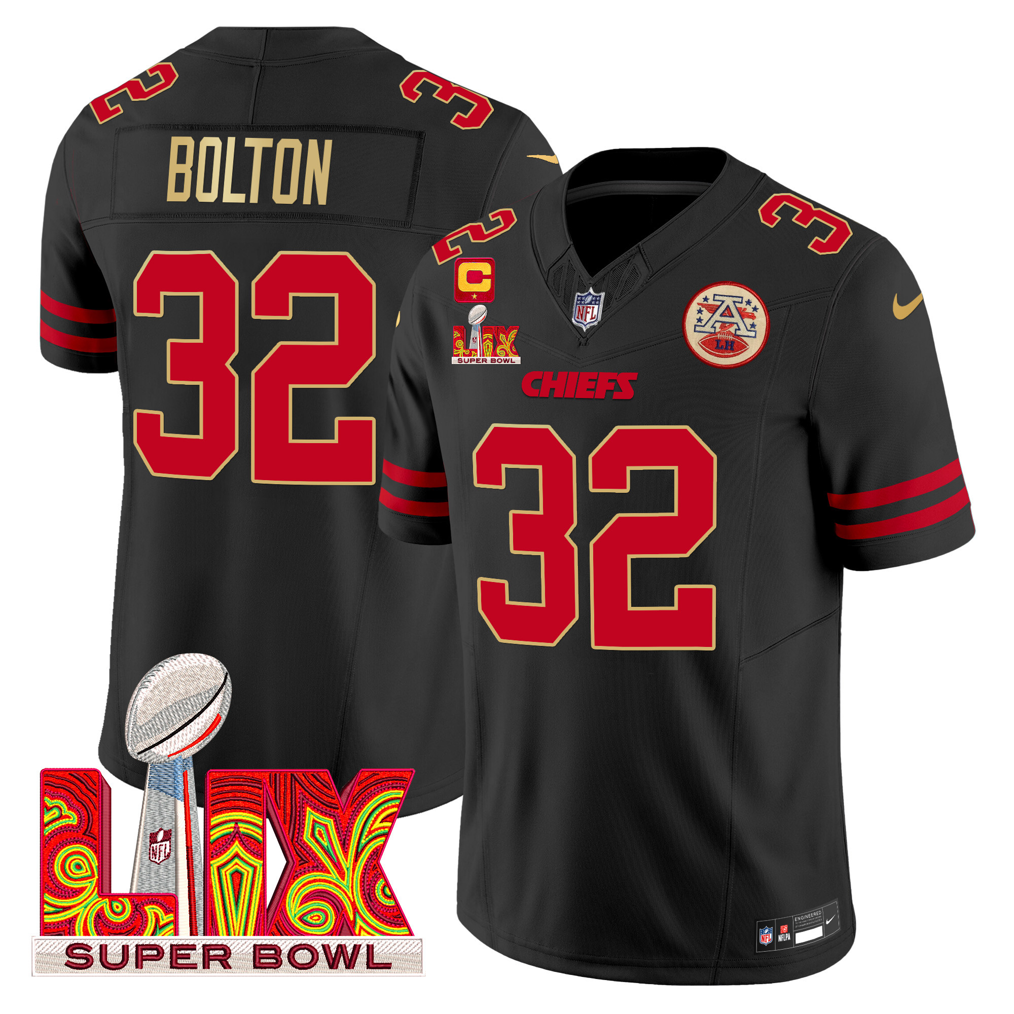 Nick Bolton Men's Kansas City Chiefs Super Bowl LIX Patch Gold Trim Vapor Limited Black Jersey - All Stitched