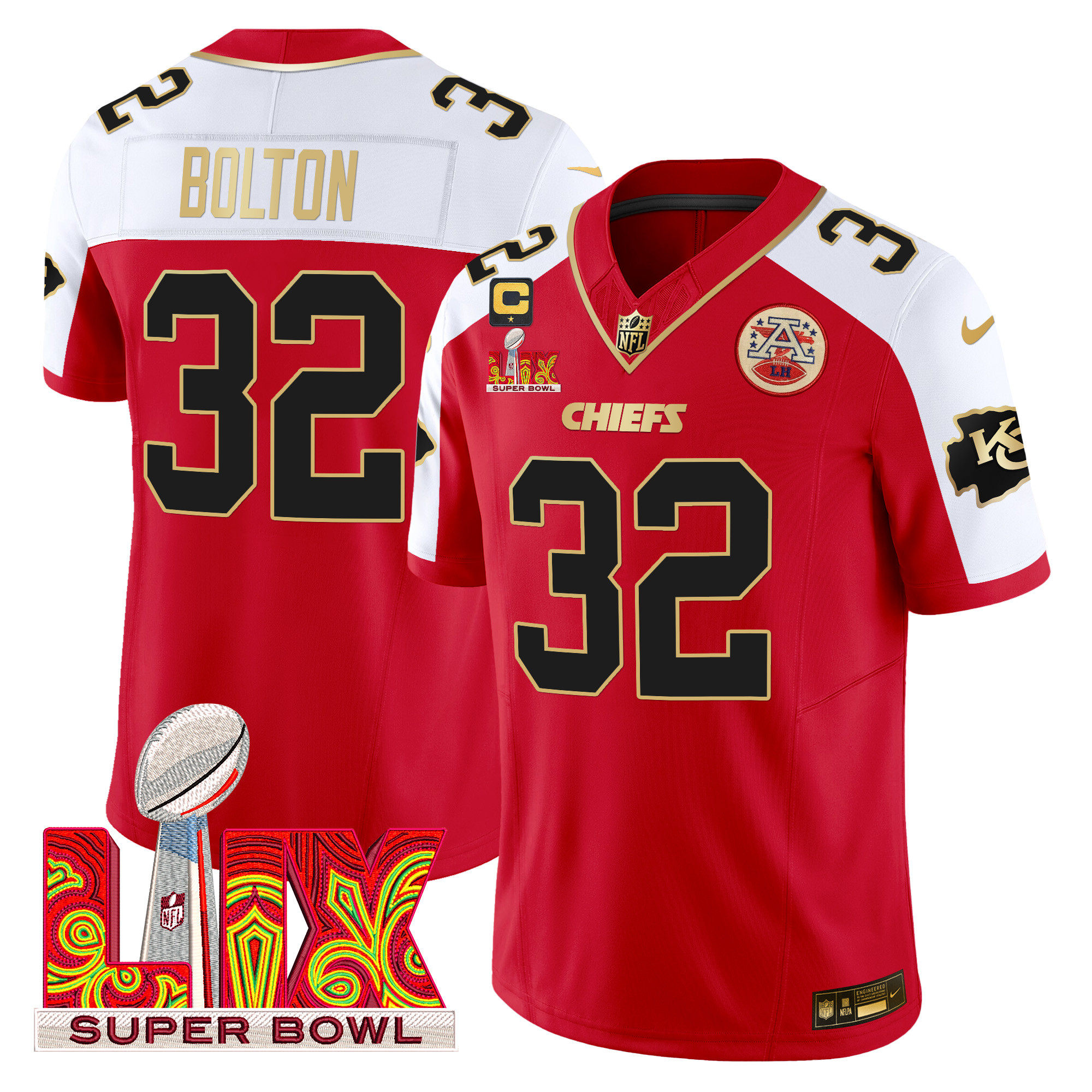 Nick Bolton Men's Kansas City Chiefs Super Bowl LIX Patch Gold Trim Vapor Limited Red Alternate Jersey - All Stitched