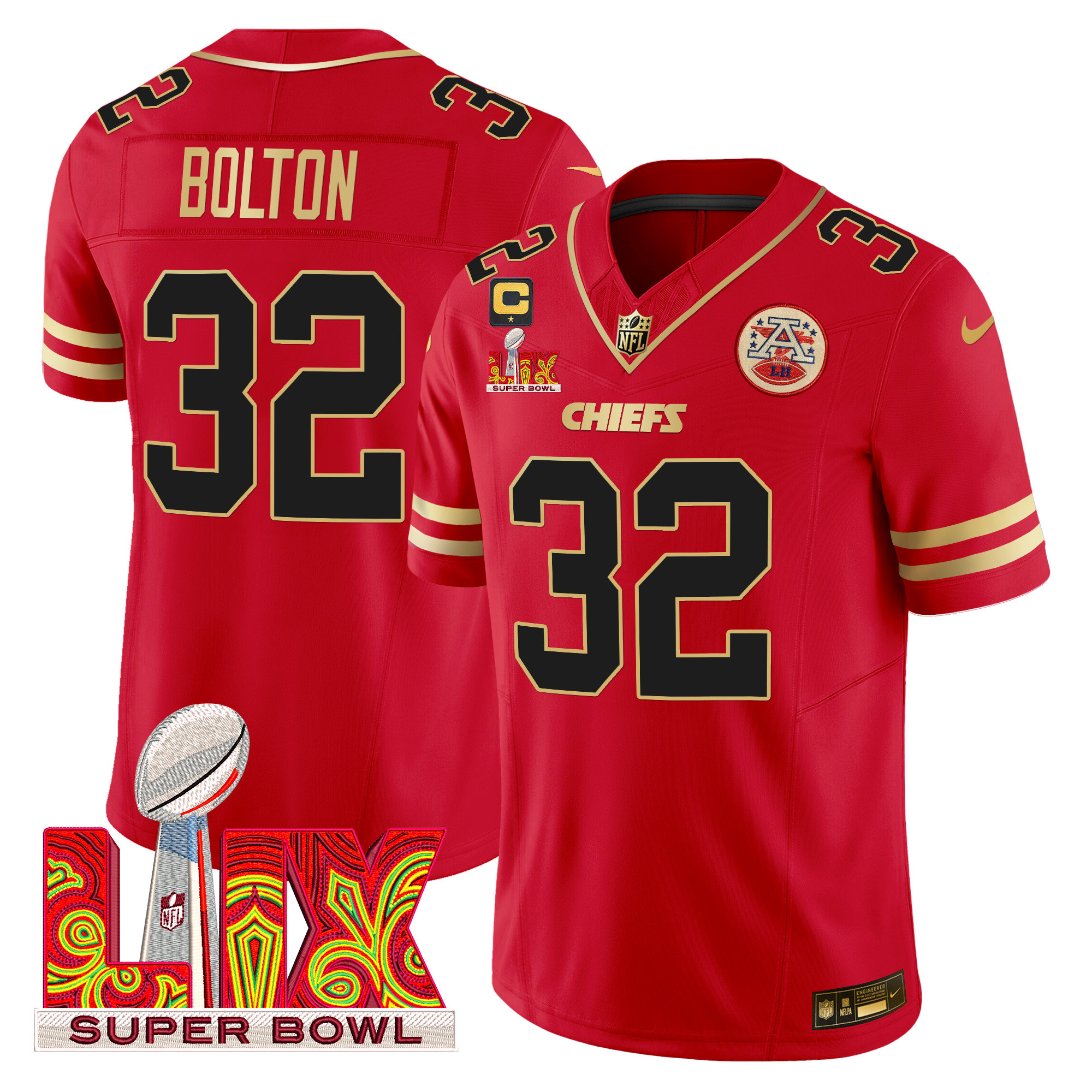 Nick Bolton Men's Kansas City Chiefs Super Bowl LIX Patch Gold Trim Vapor Limited Red Jersey - All Stitched