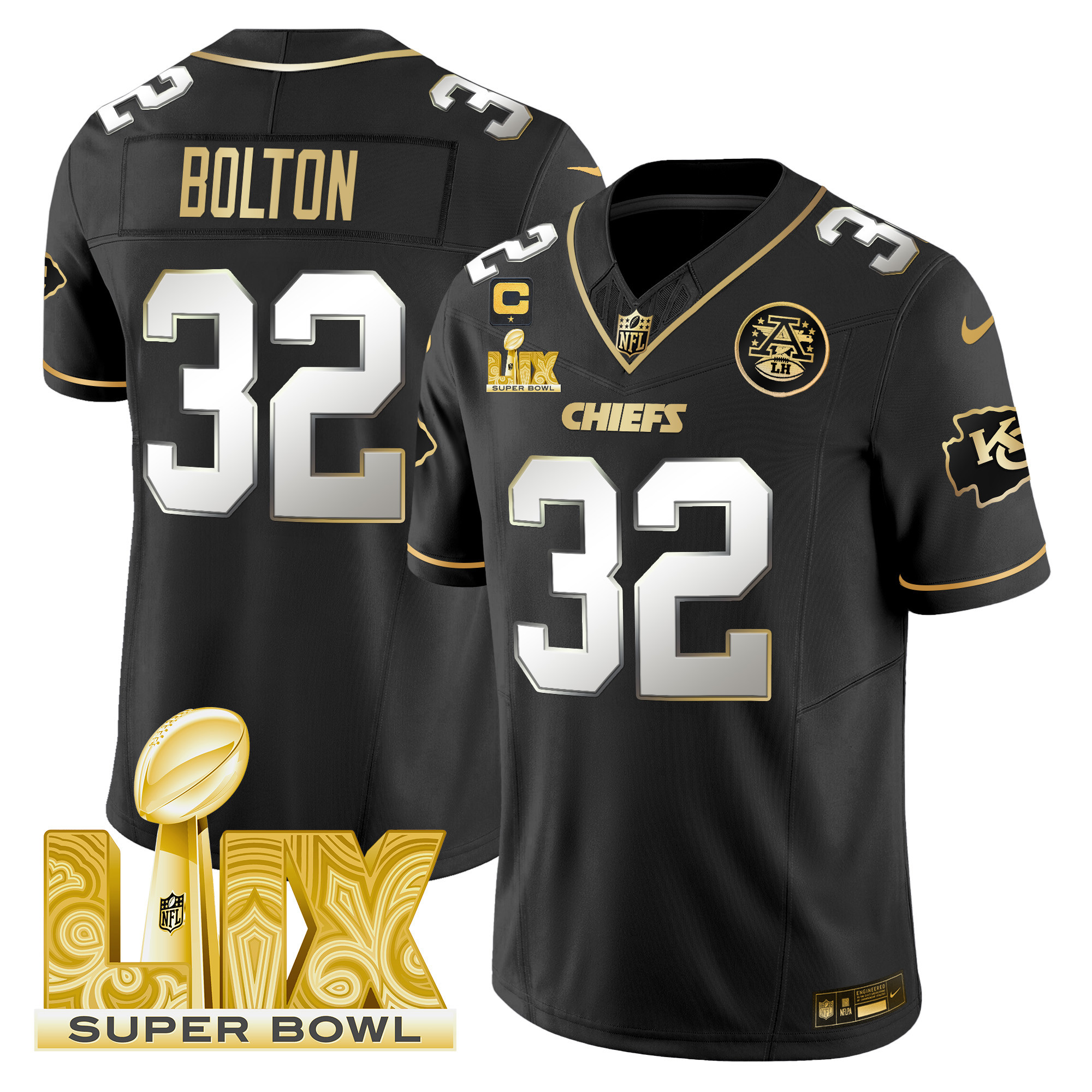 Nick Bolton Men's Kansas City Chiefs Super Bowl LIX Patch Gold Vapor Limited Black Limited Jersey - All Stitched
