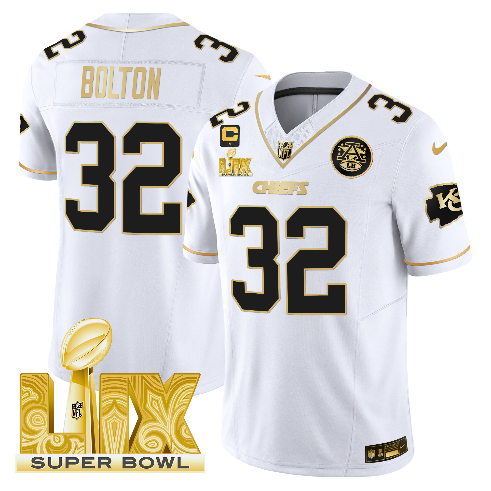 Nick Bolton Men's Kansas City Chiefs Super Bowl LIX Patch Gold Vapor Limited White Gold Jersey - All Stitched