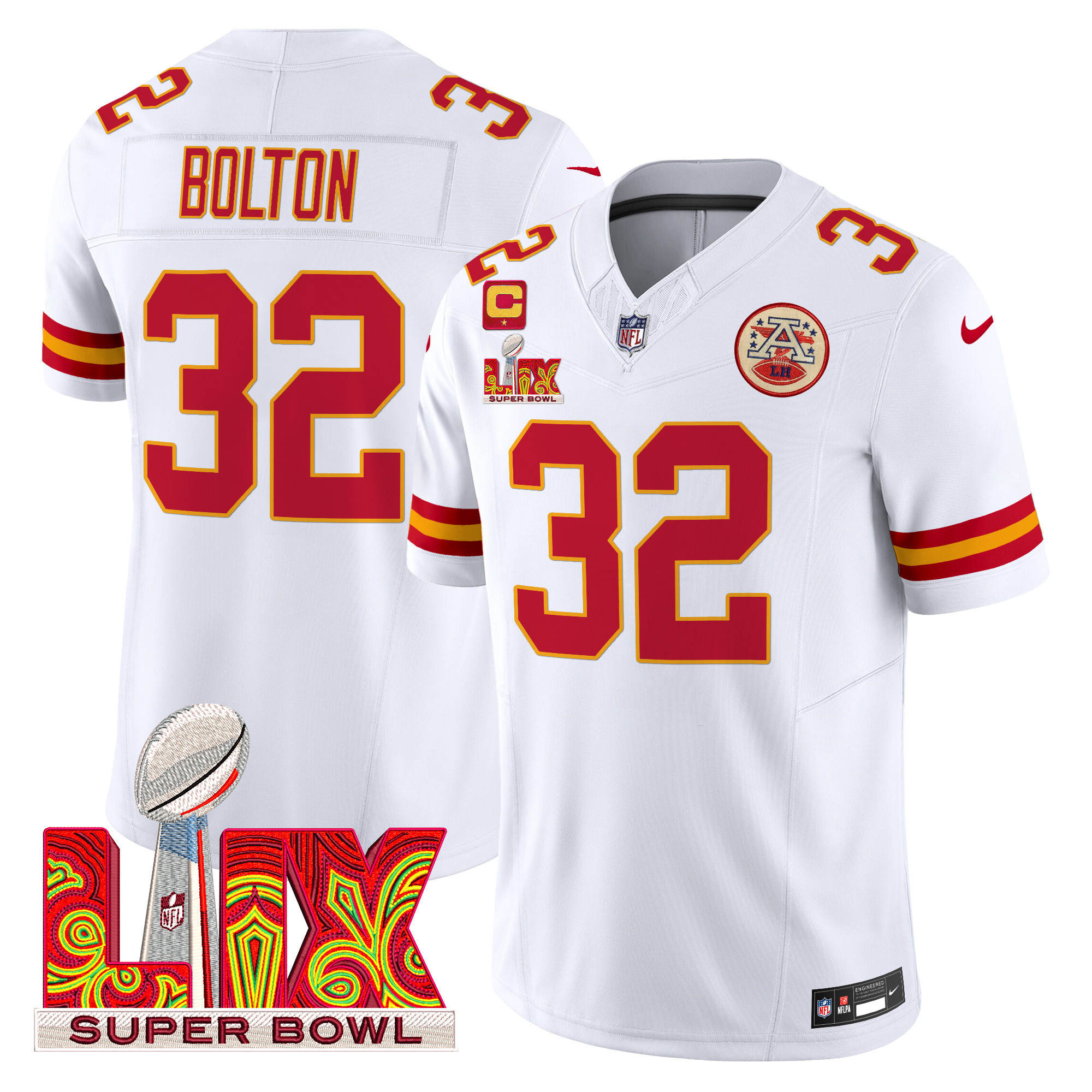 Nick Bolton Men's Kansas City Chiefs Super Bowl LIX Patch Vapor Limited White Jersey - All Stitched