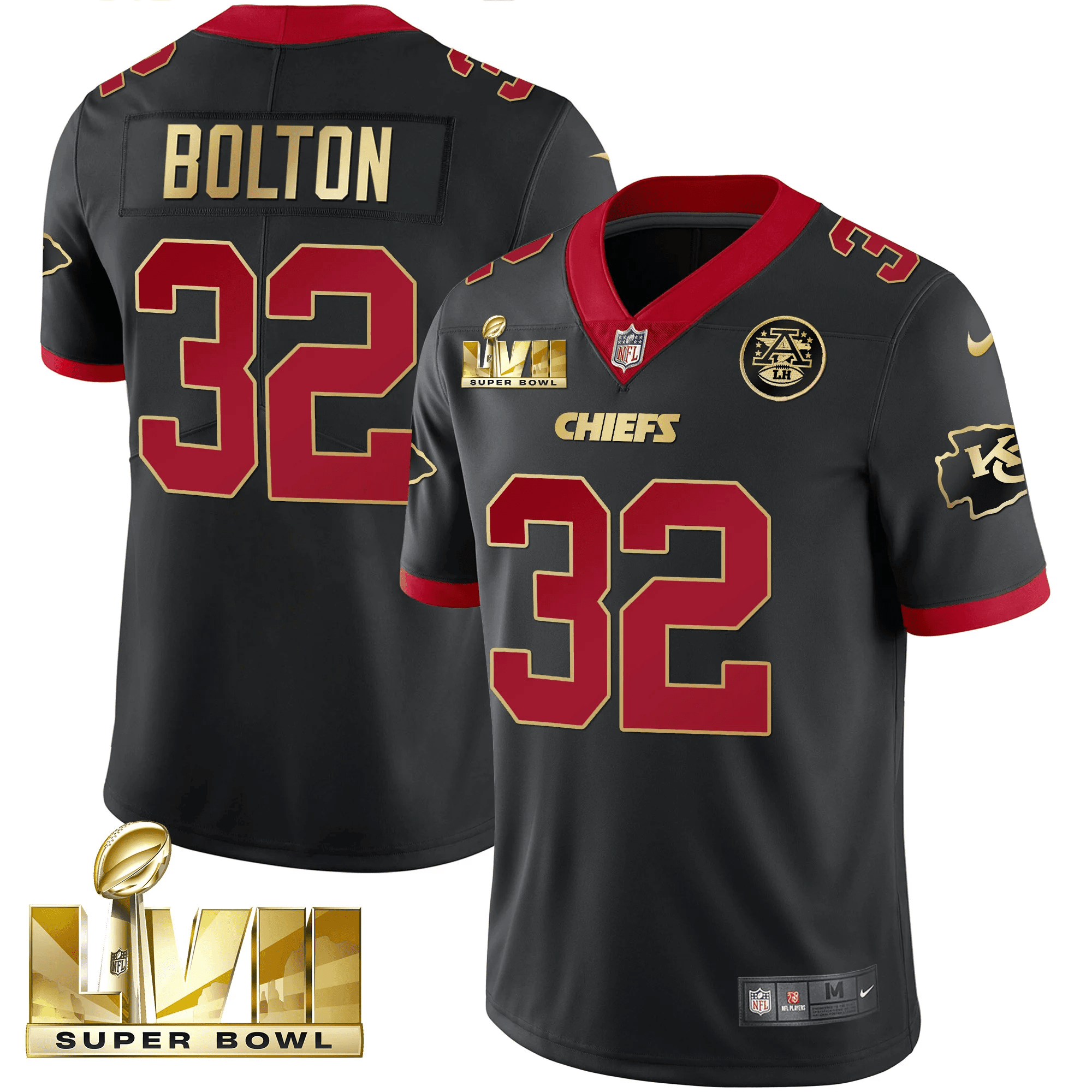 Nick Bolton Men's Kansas City Chiefs Super Bowl LVII Gold Trim Vapor V2 Black Jersey - All Stitched