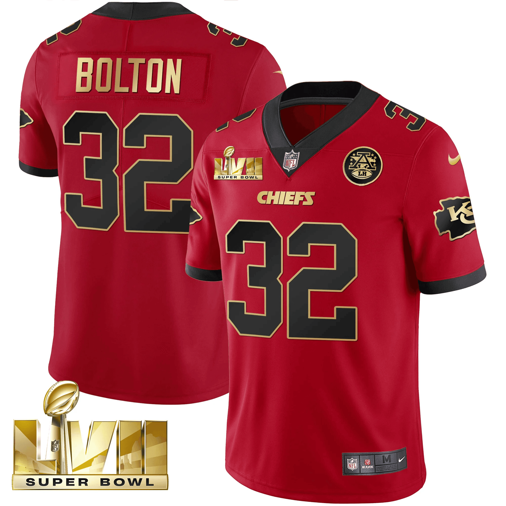 Nick Bolton Men's Kansas City Chiefs Super Bowl LVII Gold Trim Vapor V2 Red Jersey - All Stitched