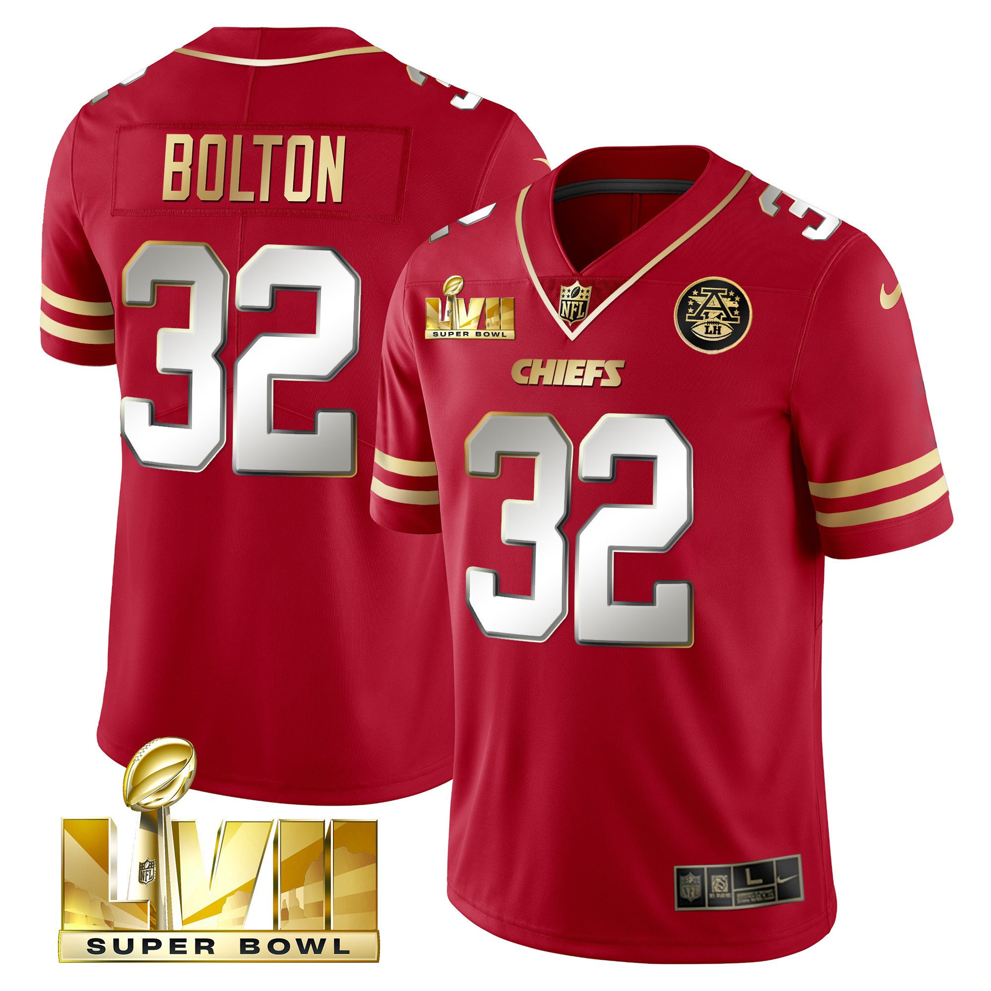 Nick Bolton Men's Kansas City Chiefs Super Bowl LVII Gold Vapor Limited Black Red Jersey - All Stitched