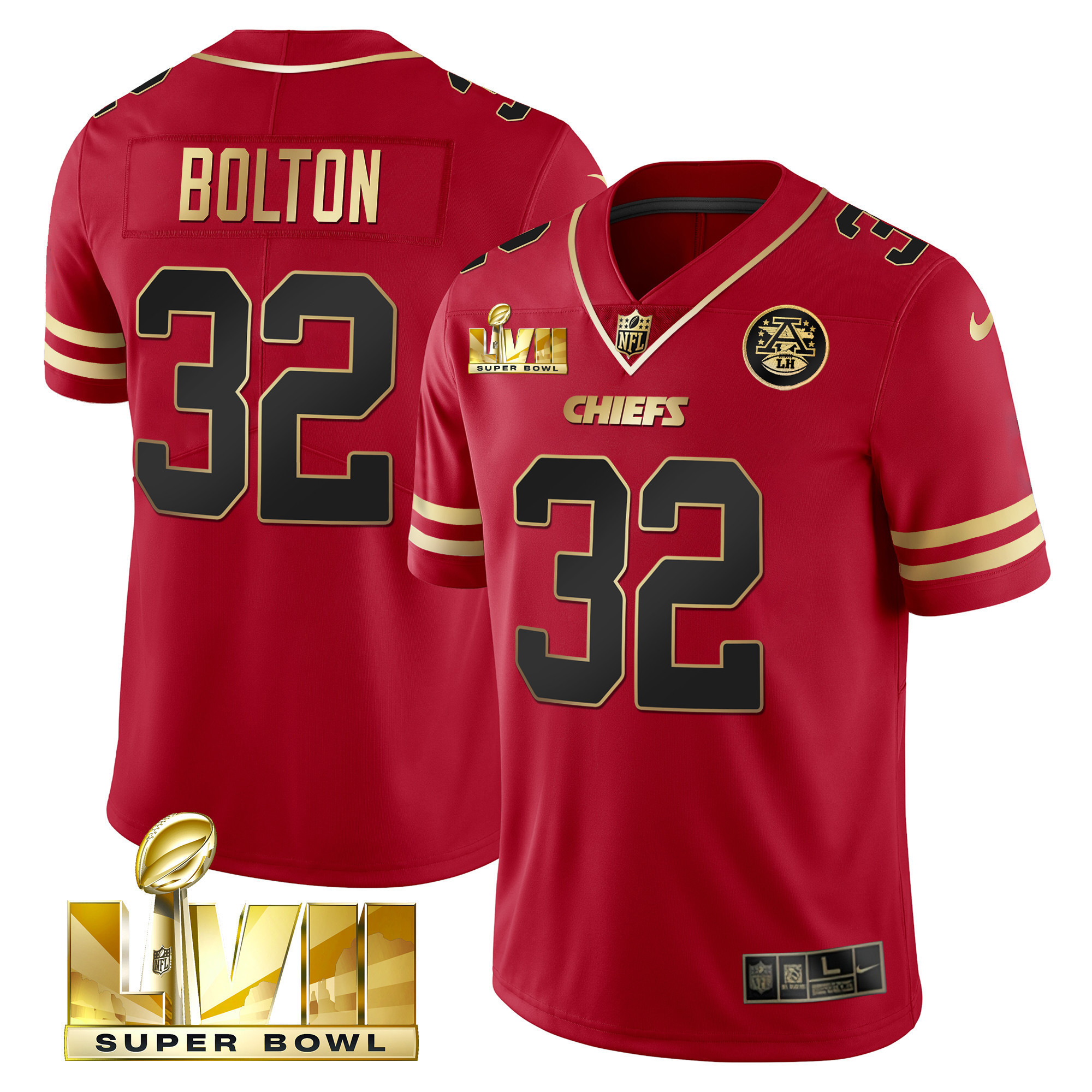 Nick Bolton Men's Kansas City Chiefs Super Bowl LVII Red Gold Vapor Black Red Jersey - All Stitched