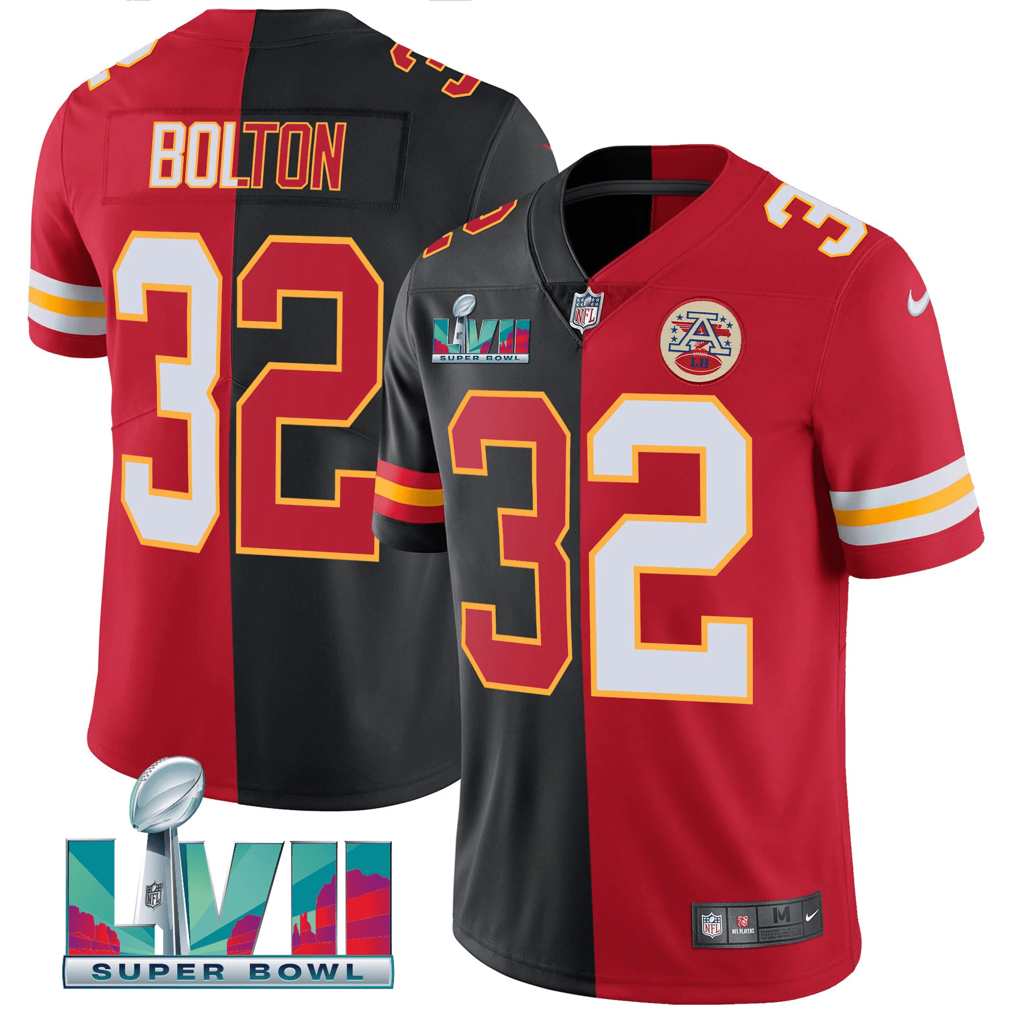 Nick Bolton Men's Kansas City Chiefs Super Bowl LVII Vapor Player Split Red-Black Jersey - All Stitched