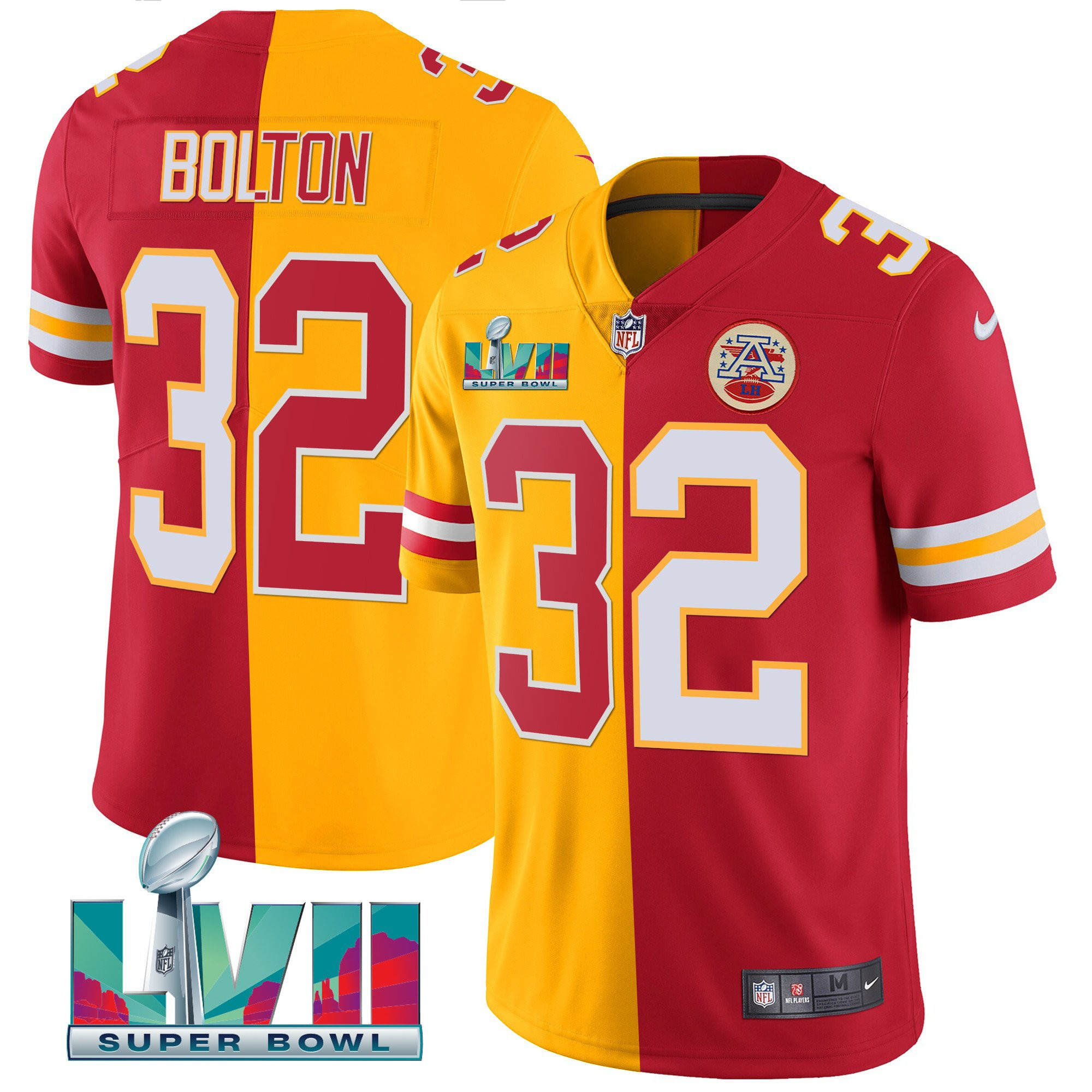 Nick Bolton Men's Kansas City Chiefs Super Bowl LVII Vapor Player Split Red-Gold Jersey - All Stitched