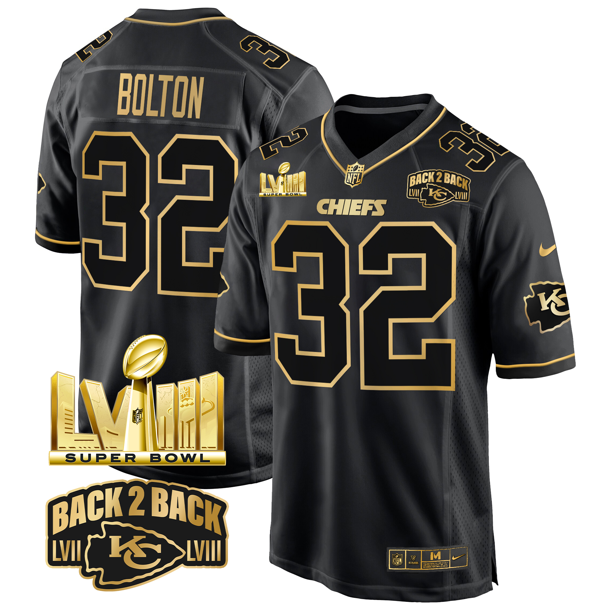 Nick Bolton Men's Kansas City Chiefs Super Bowl LVIII & Back 2 Back Gold Game Black Gold Jersey - All Stitched