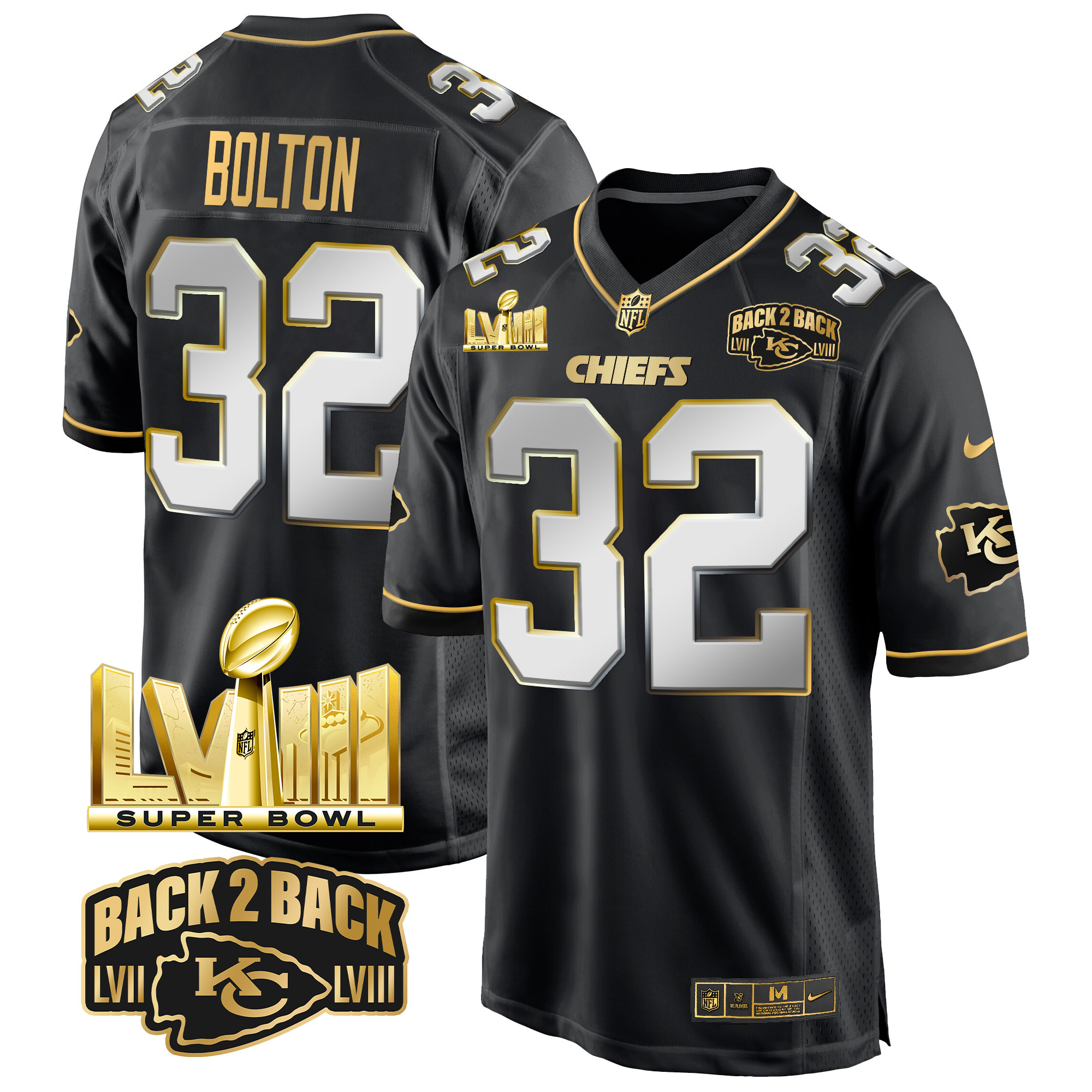 Nick Bolton Men's Kansas City Chiefs Super Bowl LVIII & Back 2 Back Gold Game Black Limited Jersey - All Stitched