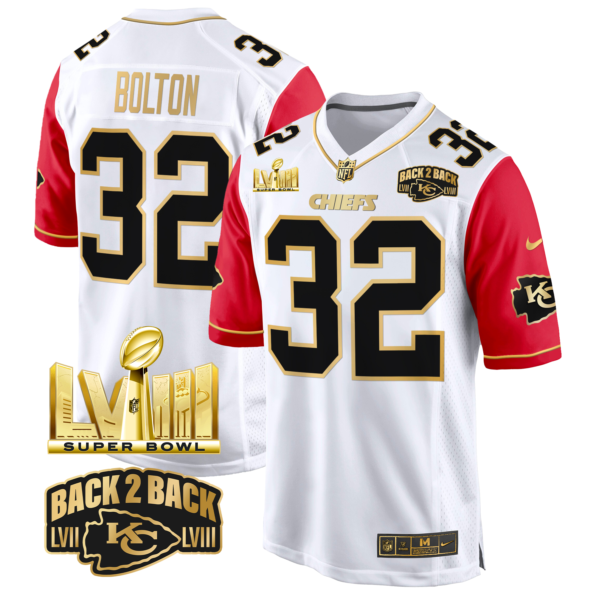 Nick Bolton Men's Kansas City Chiefs Super Bowl LVIII & Back 2 Back Gold Game Color Sleeves Jersey - All Stitched