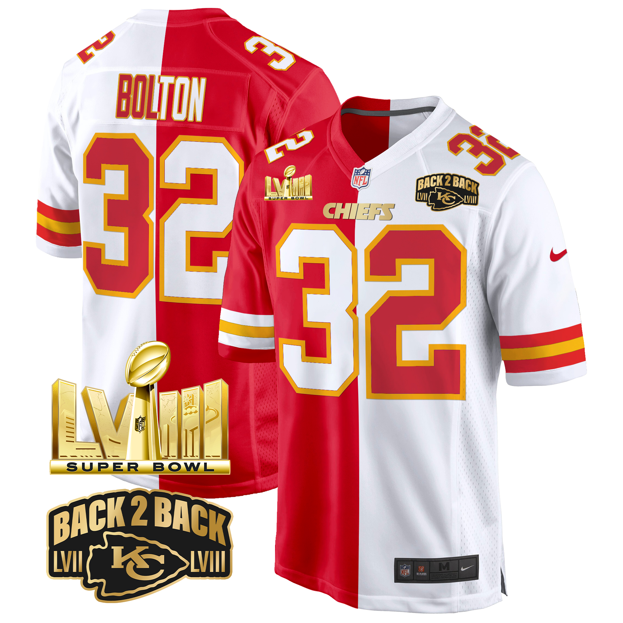 Nick Bolton Men's Kansas City Chiefs Super Bowl LVIII & Back 2 Back Gold Game Split Jersey - All Stitched